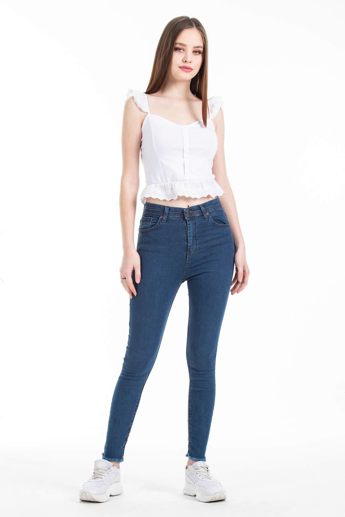 Yüksek Bel Paça Püsküllü Likralı Jean