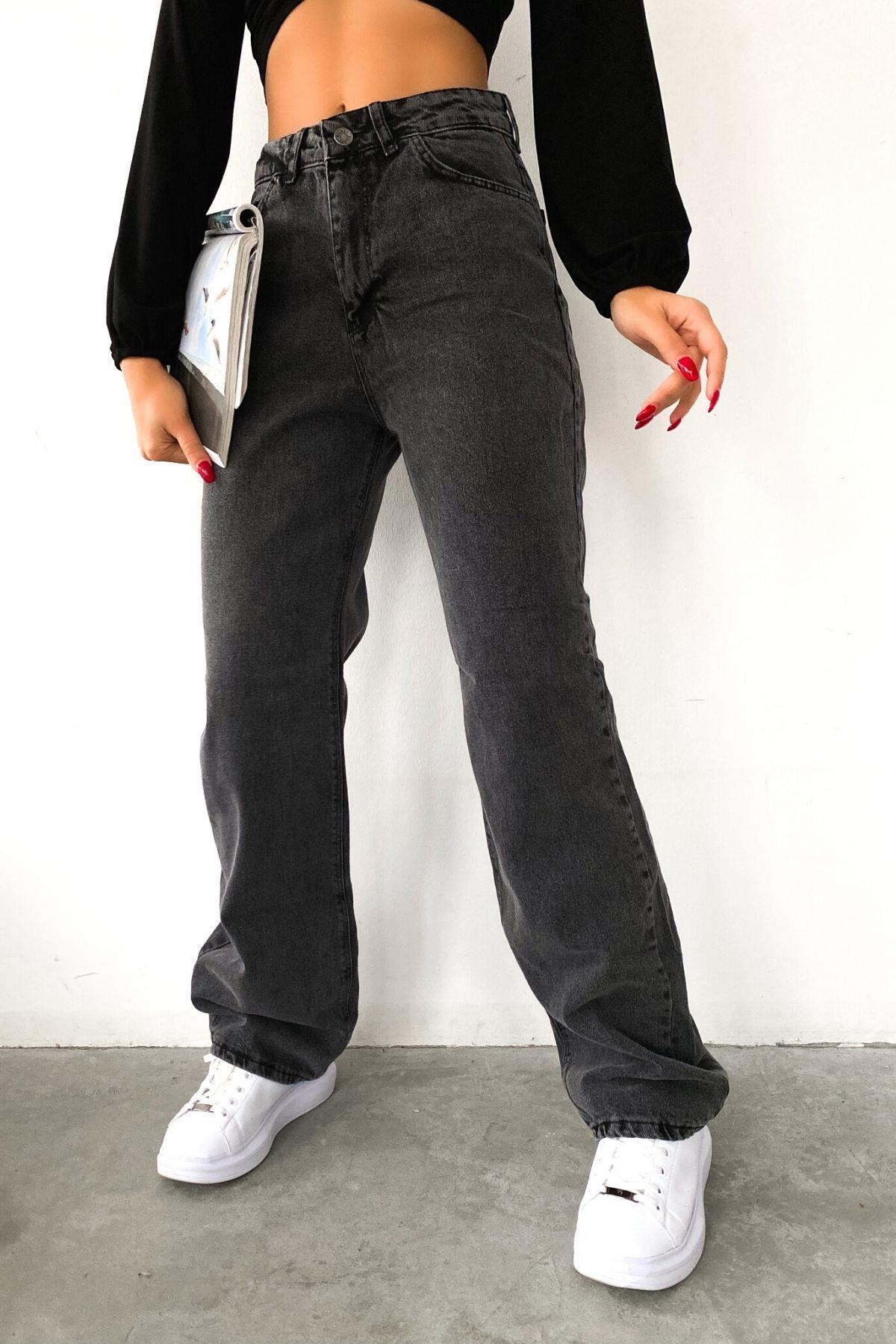 Yüksek Bel Wide Leg Jean Antrasit