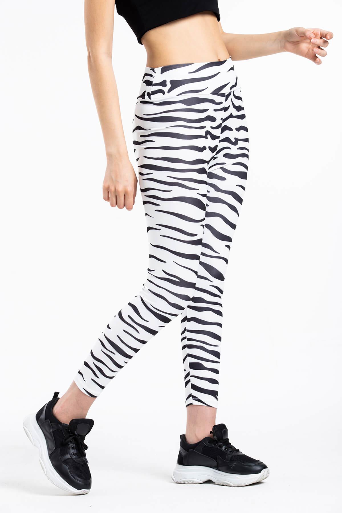 Yüksek Bel Zebra Desen Sporcu Tayt Beyaz