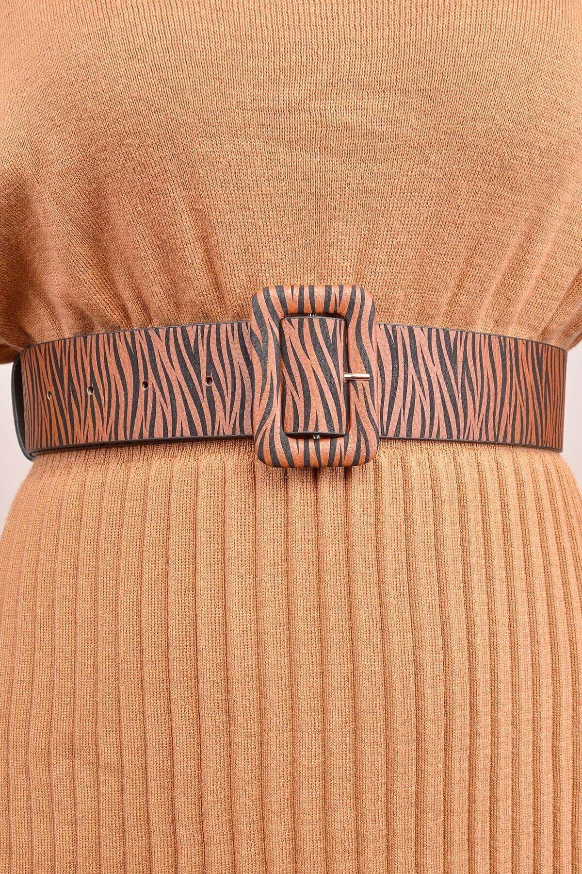 Zebra Desen Geniş Kadın Taba Kemer