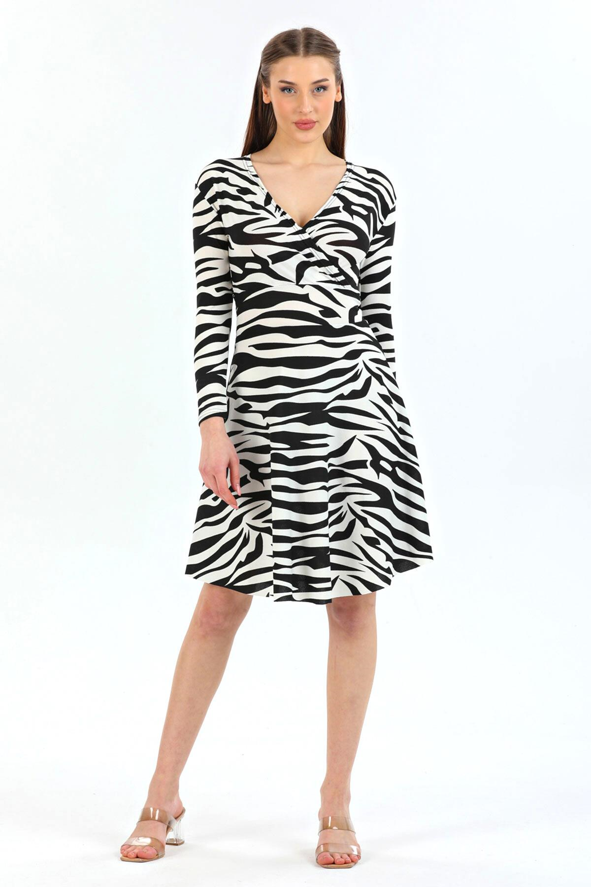 Zebra Desen Kruvaze Yaka Krep Elbise