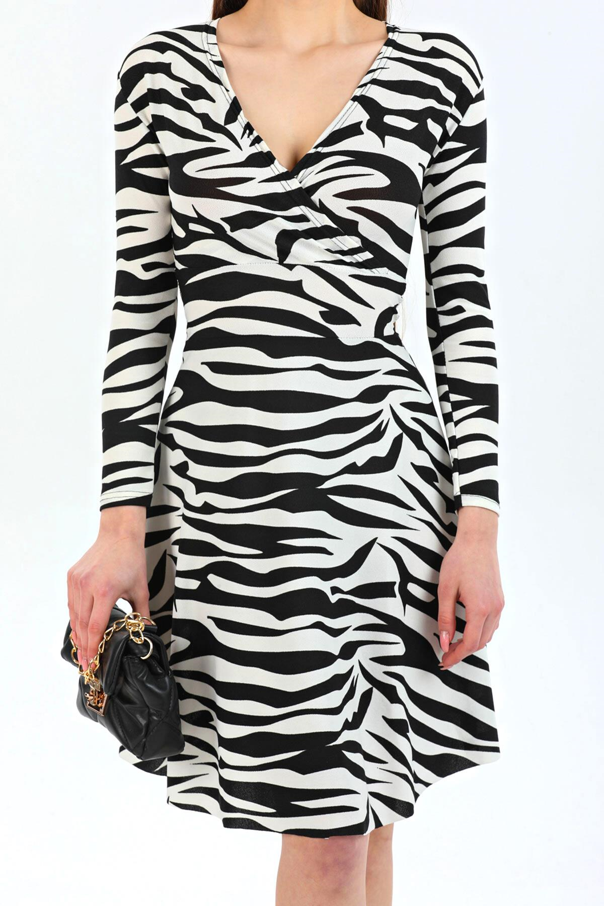 Zebra Desen Kruvaze Yaka Krep Elbise