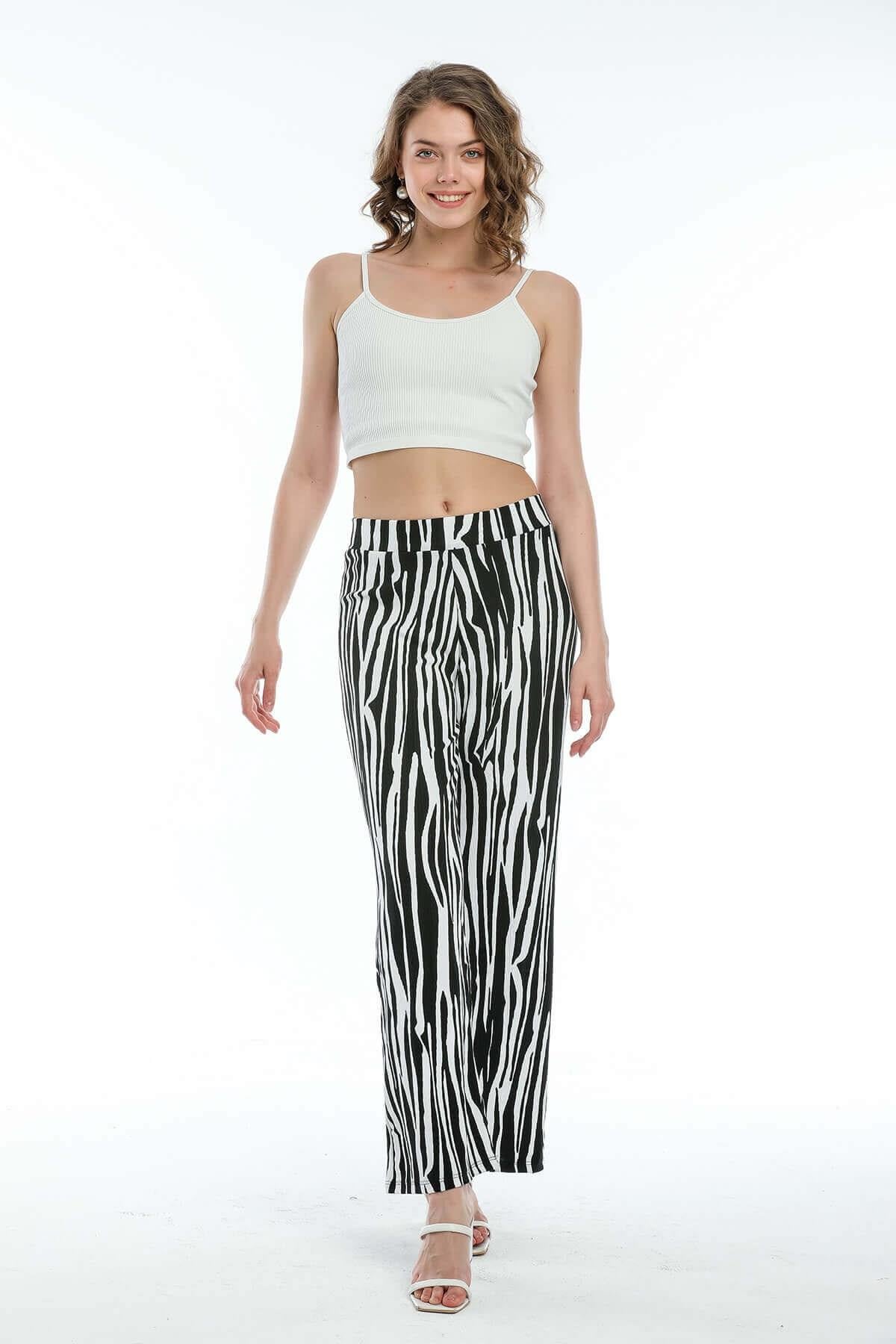 Zebra Desenli Bol Pantolon Beyaz