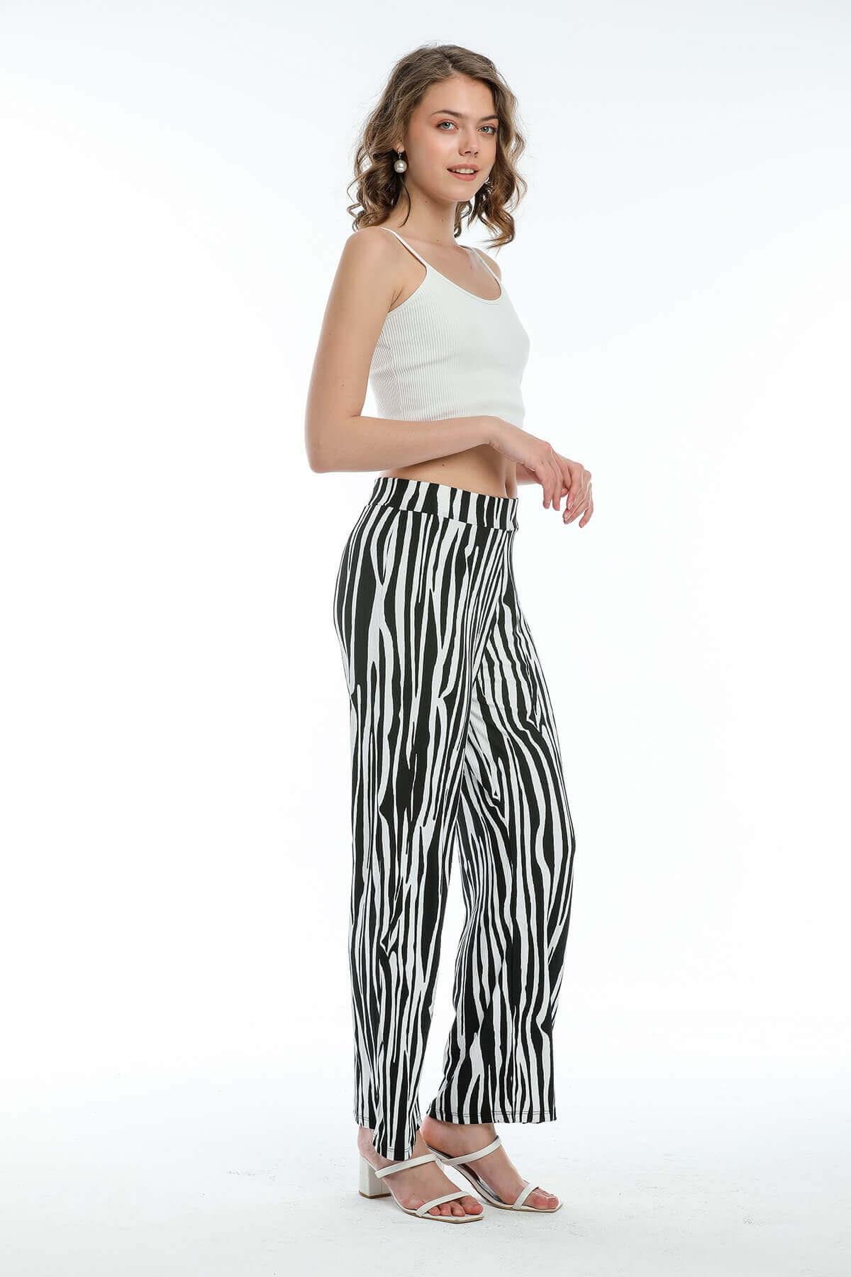 Zebra Desenli Bol Pantolon Beyaz