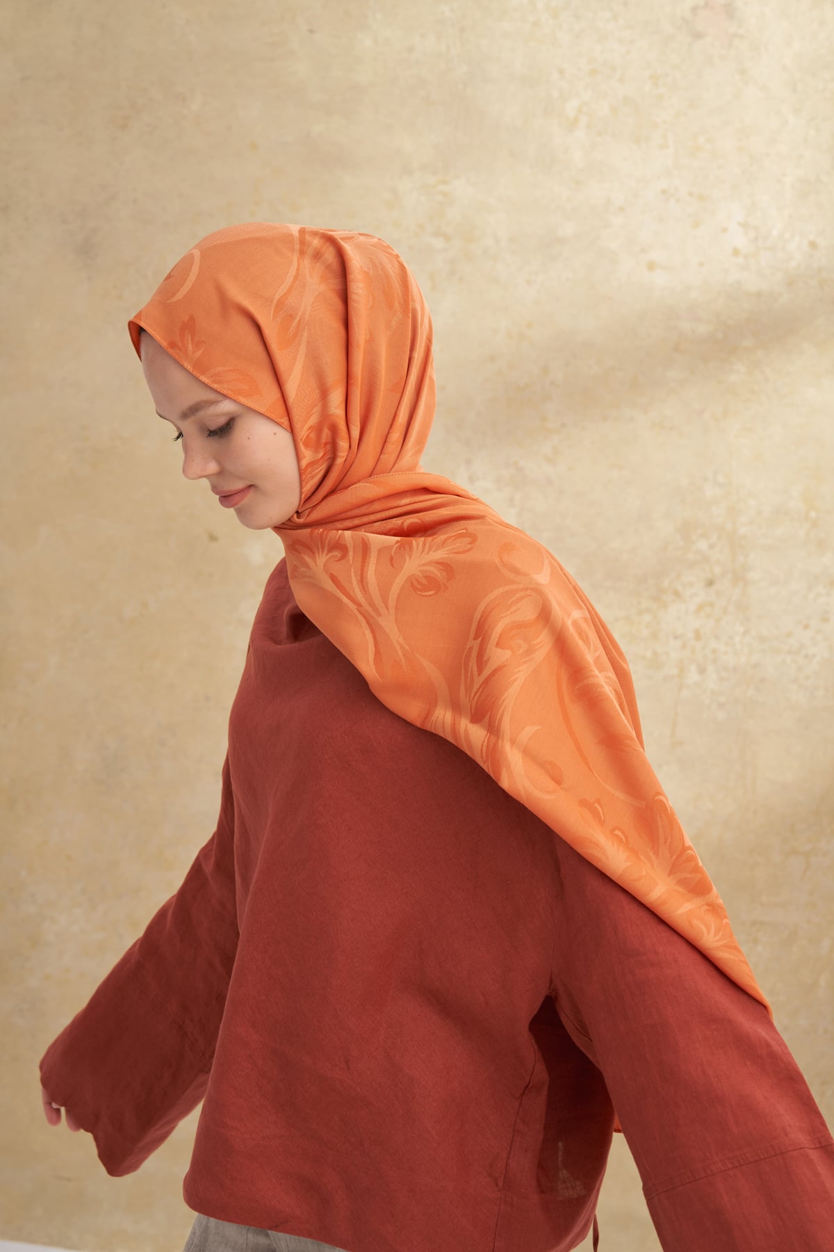 BAMBU BAROQ DESEN ŞAL - KİREMİT
