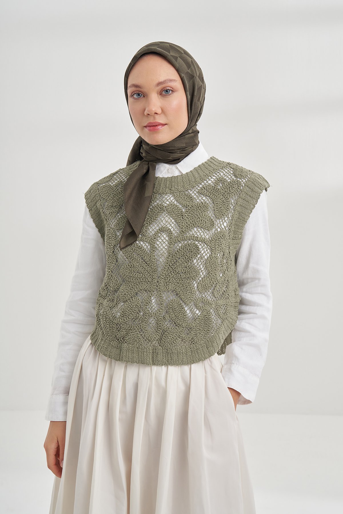 COTTON MONOGRAM GEOMETRİK DESEN EŞARP - HAKİ