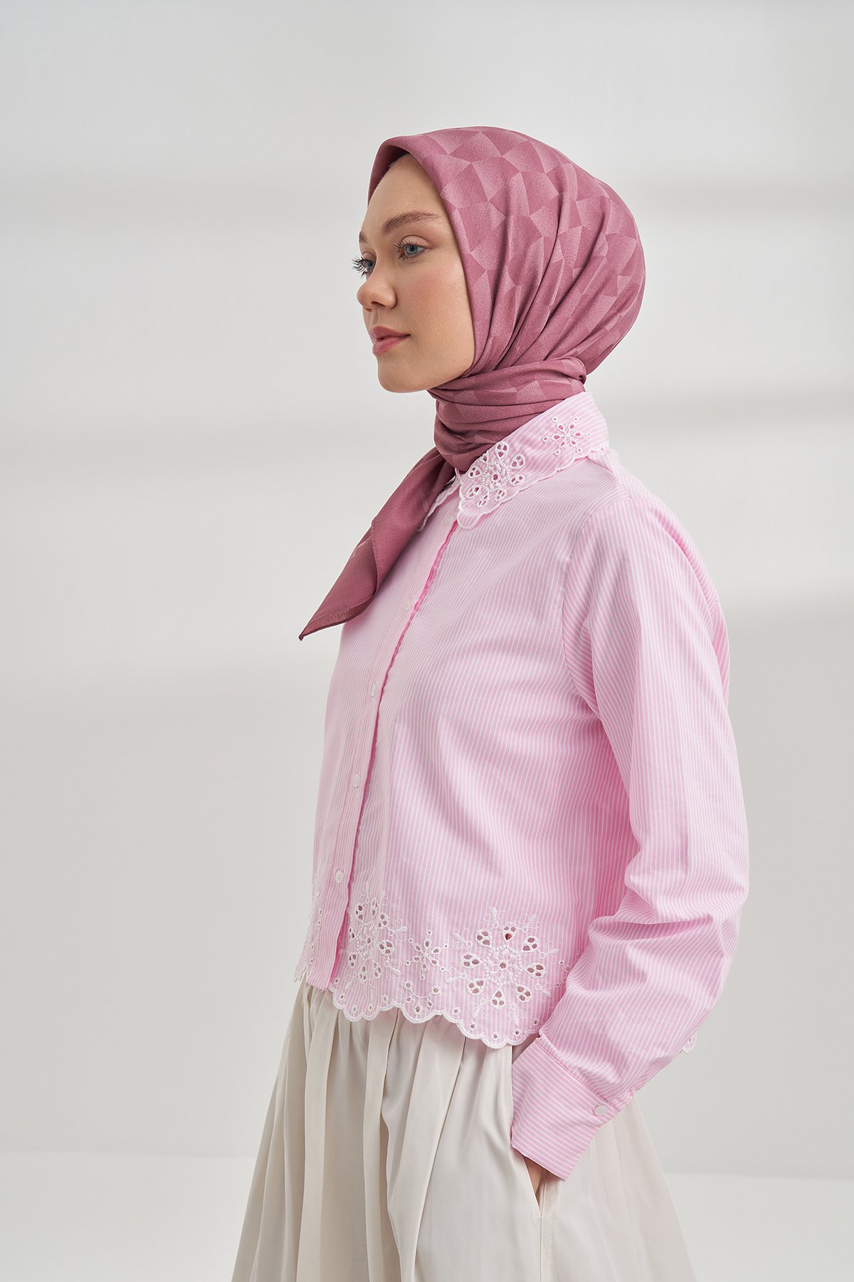COTTON MONOGRAM GEOMETRİK DESEN EŞARP - GÜL KURUSU