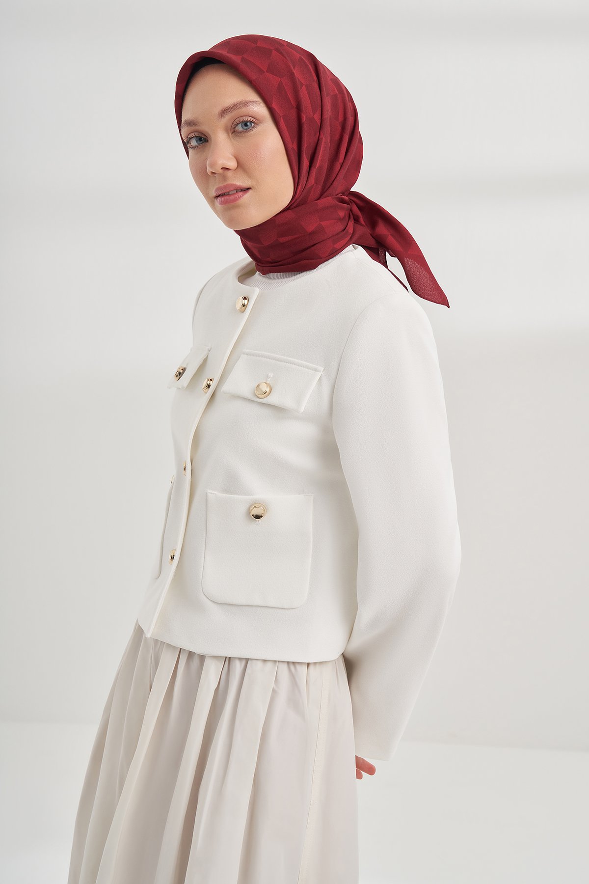 COTTON MONOGRAM GEOMETRİK DESEN EŞARP - BORDO