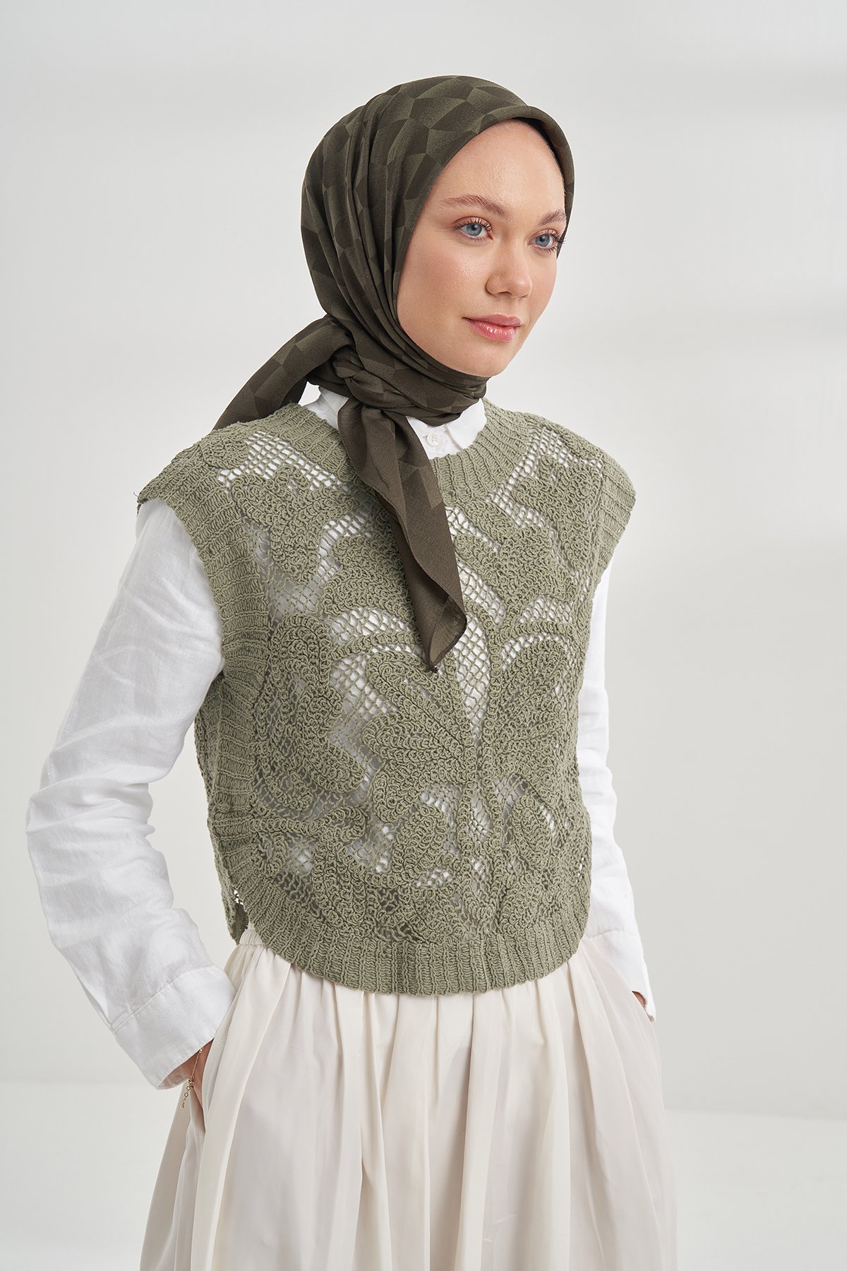 COTTON MONOGRAM GEOMETRİK DESEN EŞARP - HAKİ
