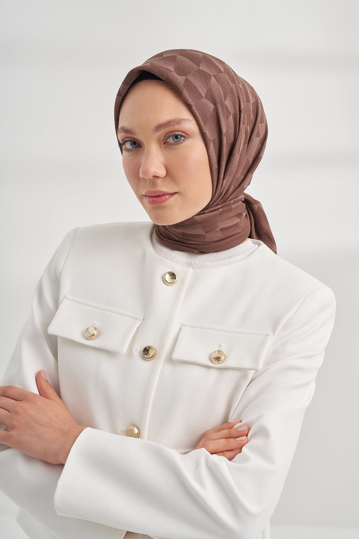COTTON MONOGRAM GEOMETRİK DESEN EŞARP - KAHVE