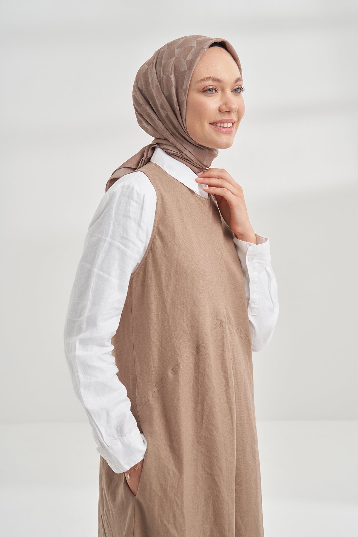 COTTON MONOGRAM GEOMETRİK DESEN EŞARP - VİZON