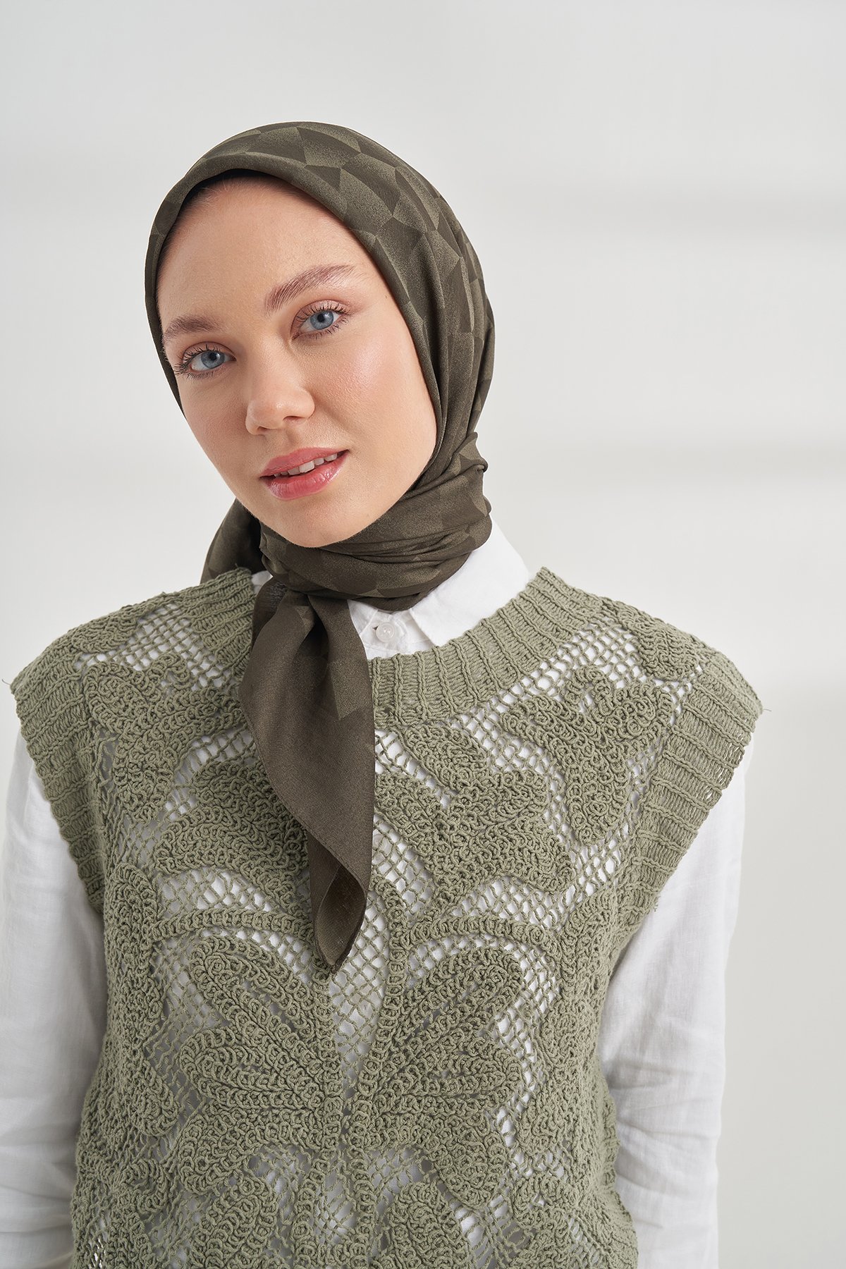 COTTON MONOGRAM GEOMETRİK DESEN EŞARP - HAKİ