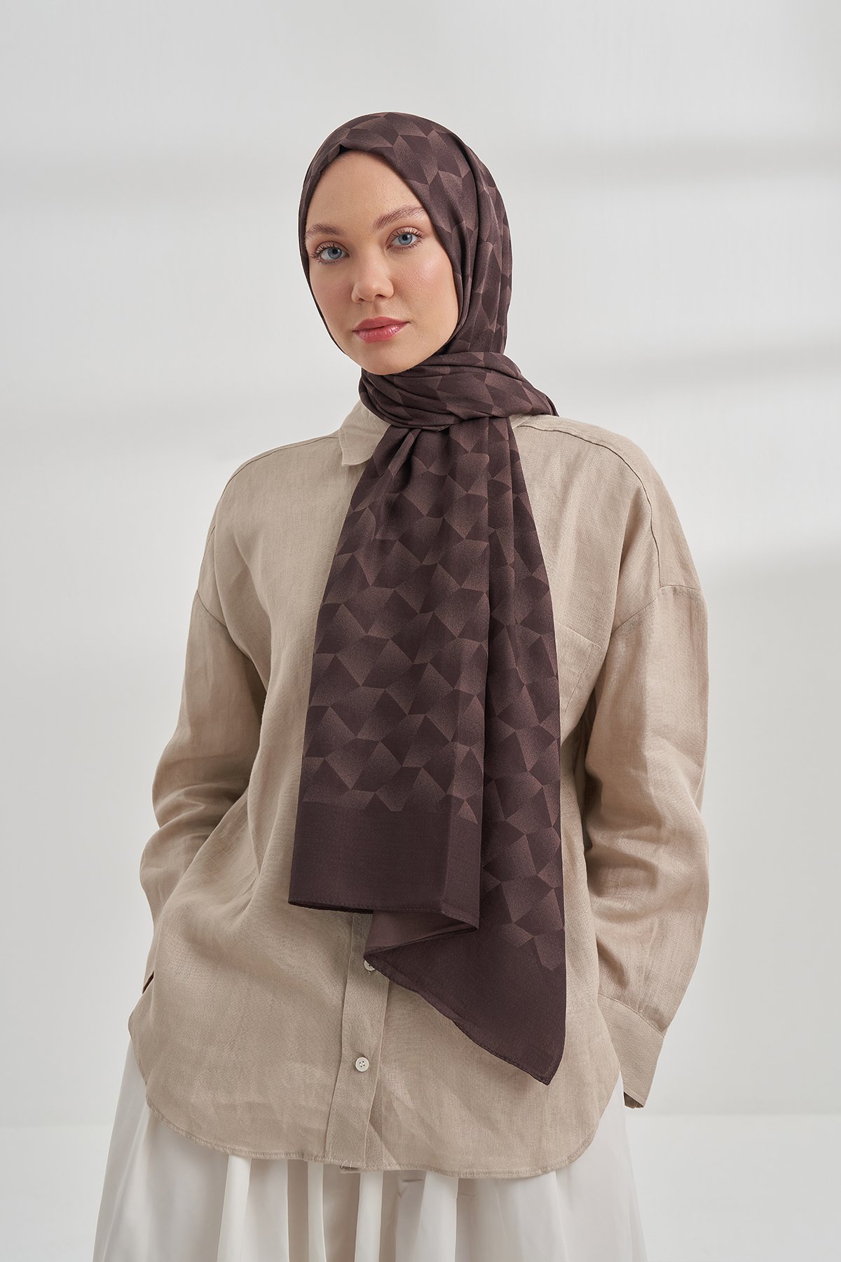 COTTON MONOGRAM GEOMETRİK DESEN ŞAL - ACI KAHVE