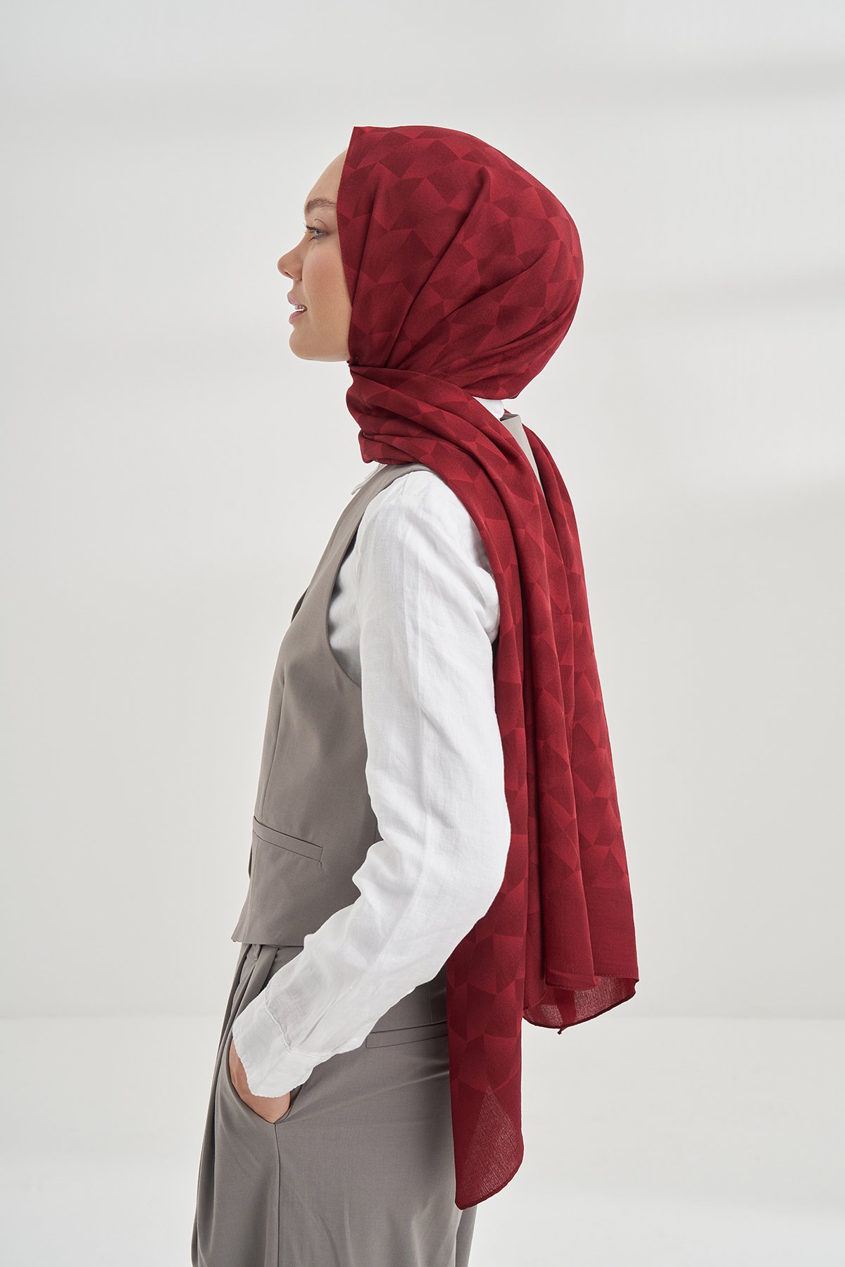 COTTON MONOGRAM GEOMETRİK DESEN ŞAL - BORDO