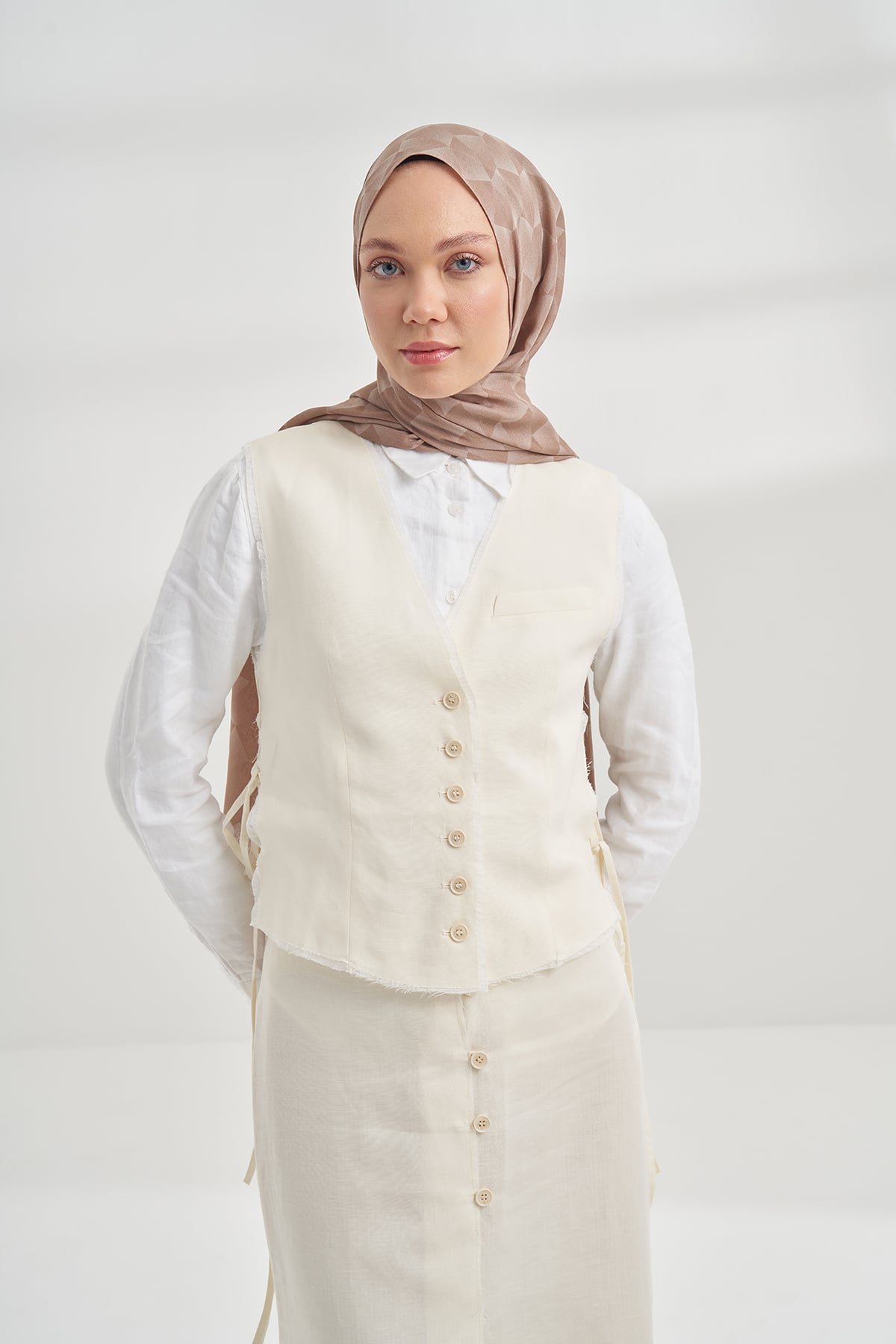 COTTON MONOGRAM GEOMETRİK DESEN ŞAL - VİZON
