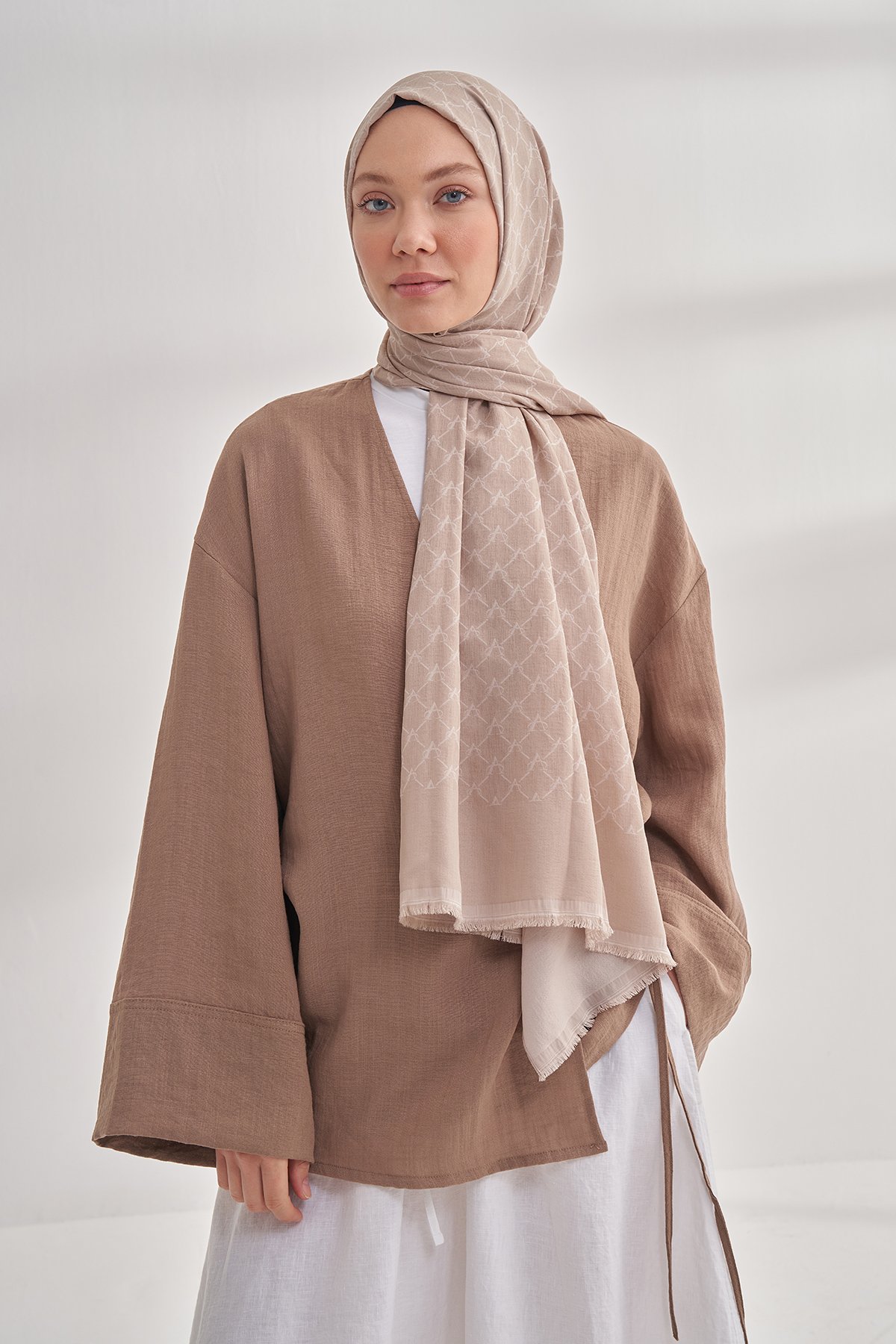 COTTON MONOGRAM ZİNCİR DESEN ŞAL - TAŞ