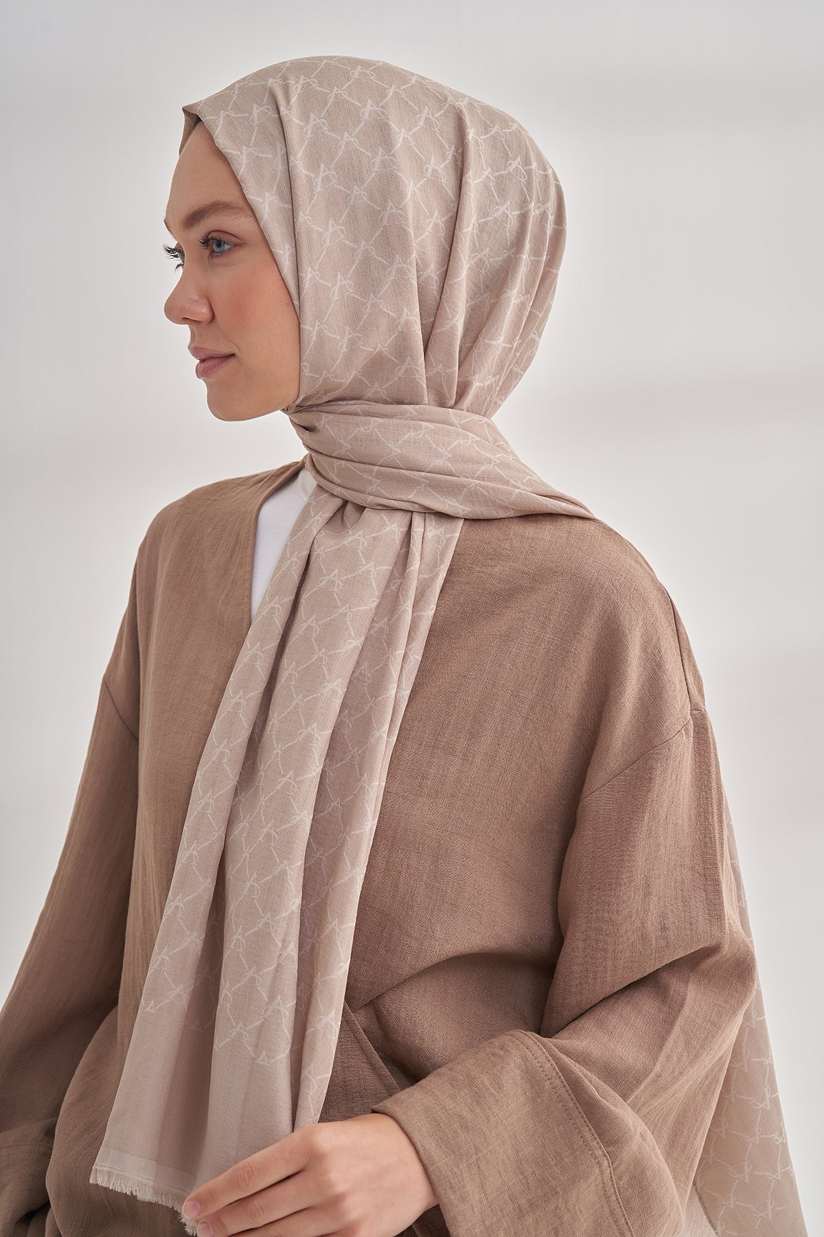 COTTON MONOGRAM ZİNCİR DESEN ŞAL - TAŞ