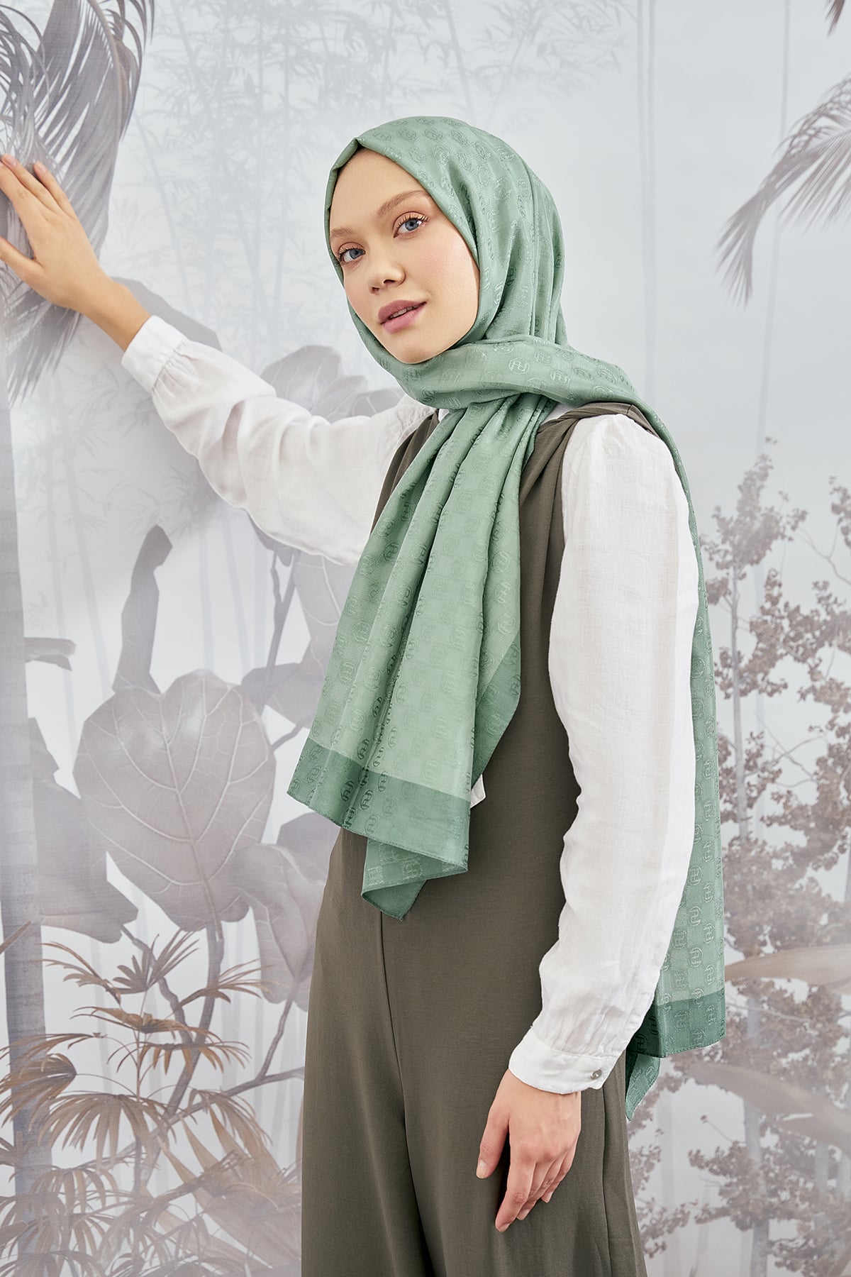 DAMA MONOGRAM ŞAL - KETEN YEŞİLİ