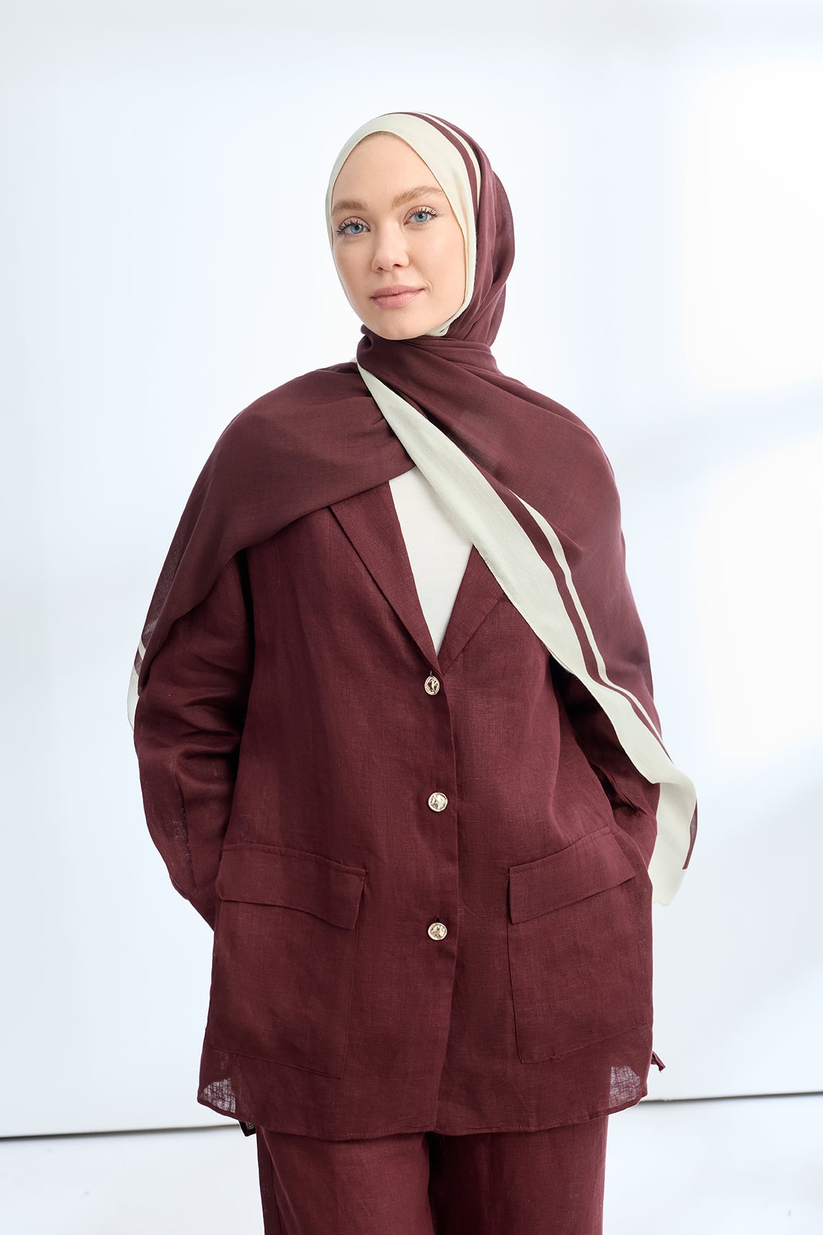 ELEGANT HARMONY FRAME DESEN ŞAL - BORDO - KREM