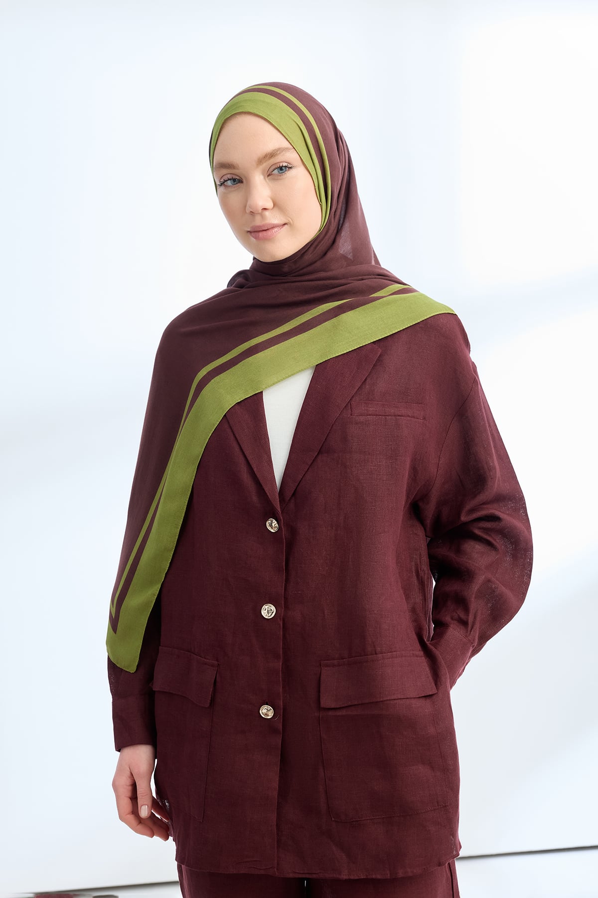 ELEGANT HARMONY FRAME DESEN ŞAL - BORDO - YAĞ YEŞİLİ