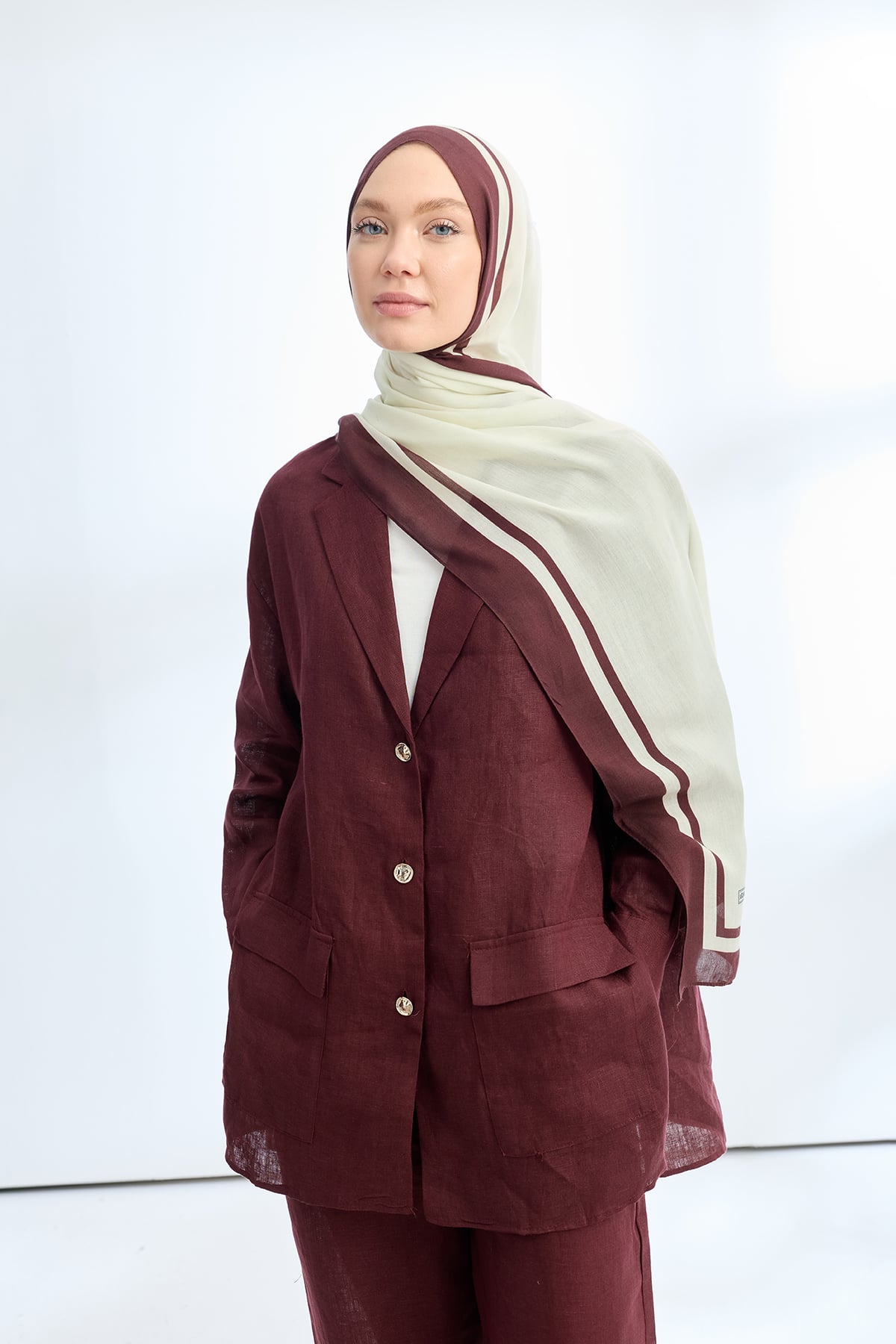 ELEGANT HARMONY FRAME DESEN ŞAL - KREM - BORDO
