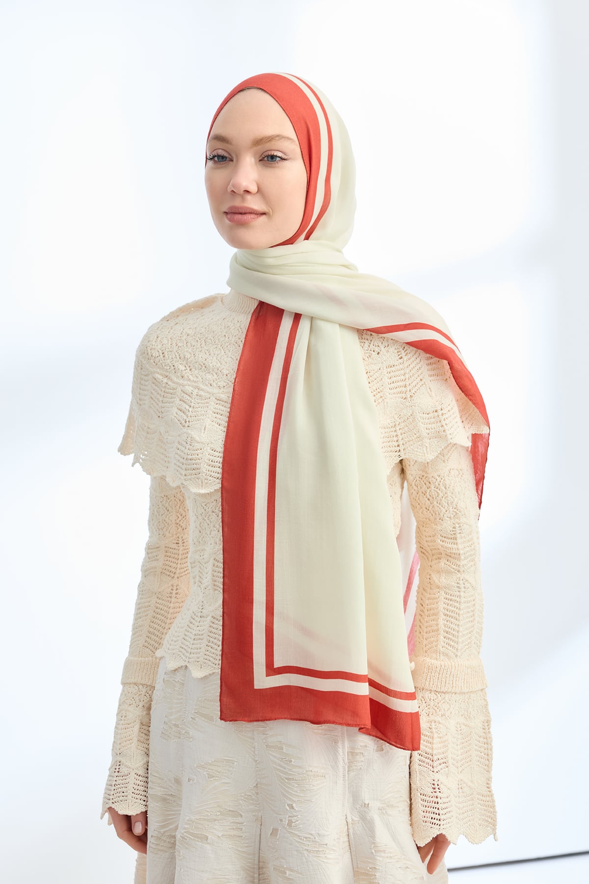 ELEGANT HARMONY FRAME DESEN ŞAL - KREM - KİREMİT