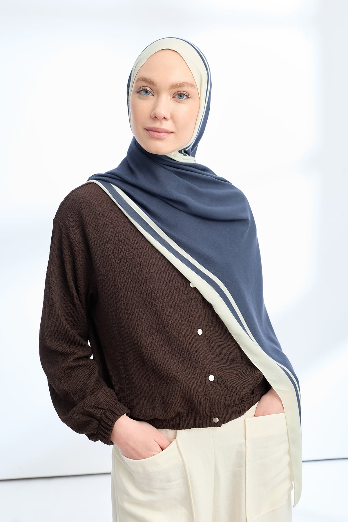 ELEGANT HARMONY FRAME DESEN ŞAL - LACİVERT - KREM