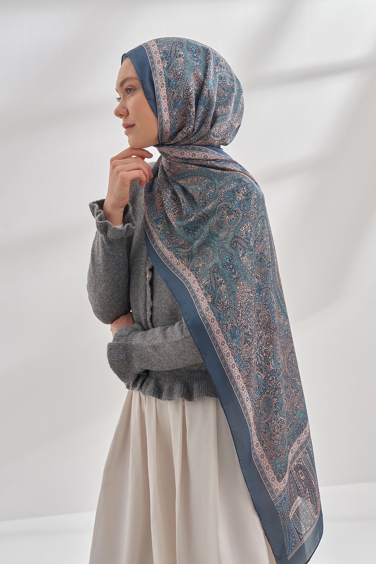 ETHNIC VUAL VINTAGE DESEN ŞAL - LACİVERT - TURKUAZ