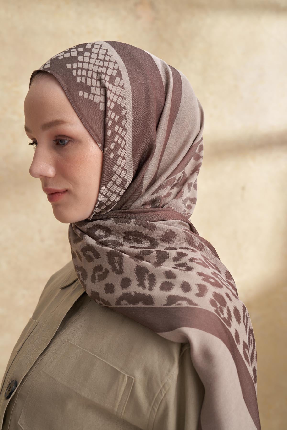 FIORI JAKAR LEOPAR MIX DESEN ŞAL - KOYU VİZON