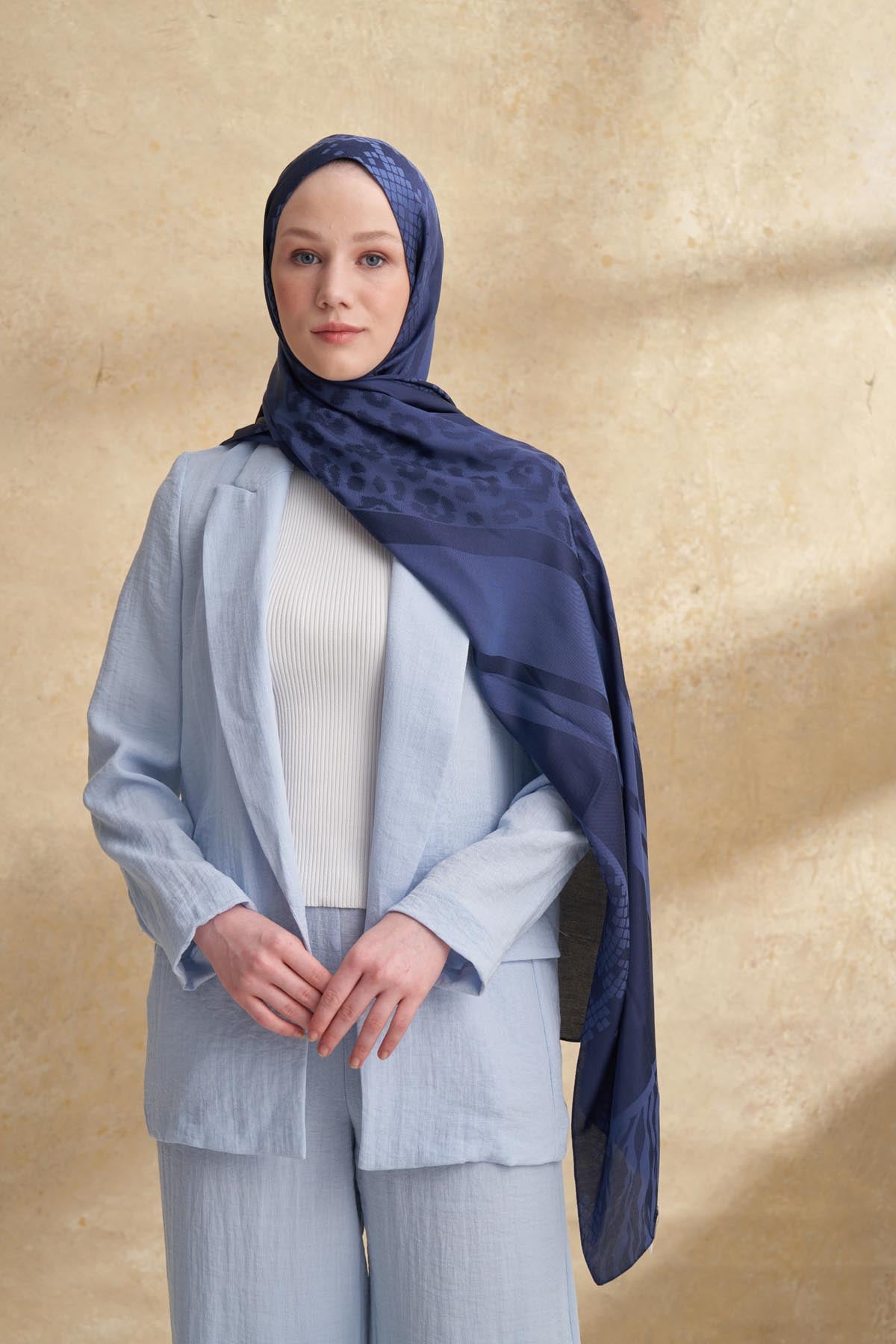 FIORI JAKAR LEOPAR MIX DESEN ŞAL - LACİVERT