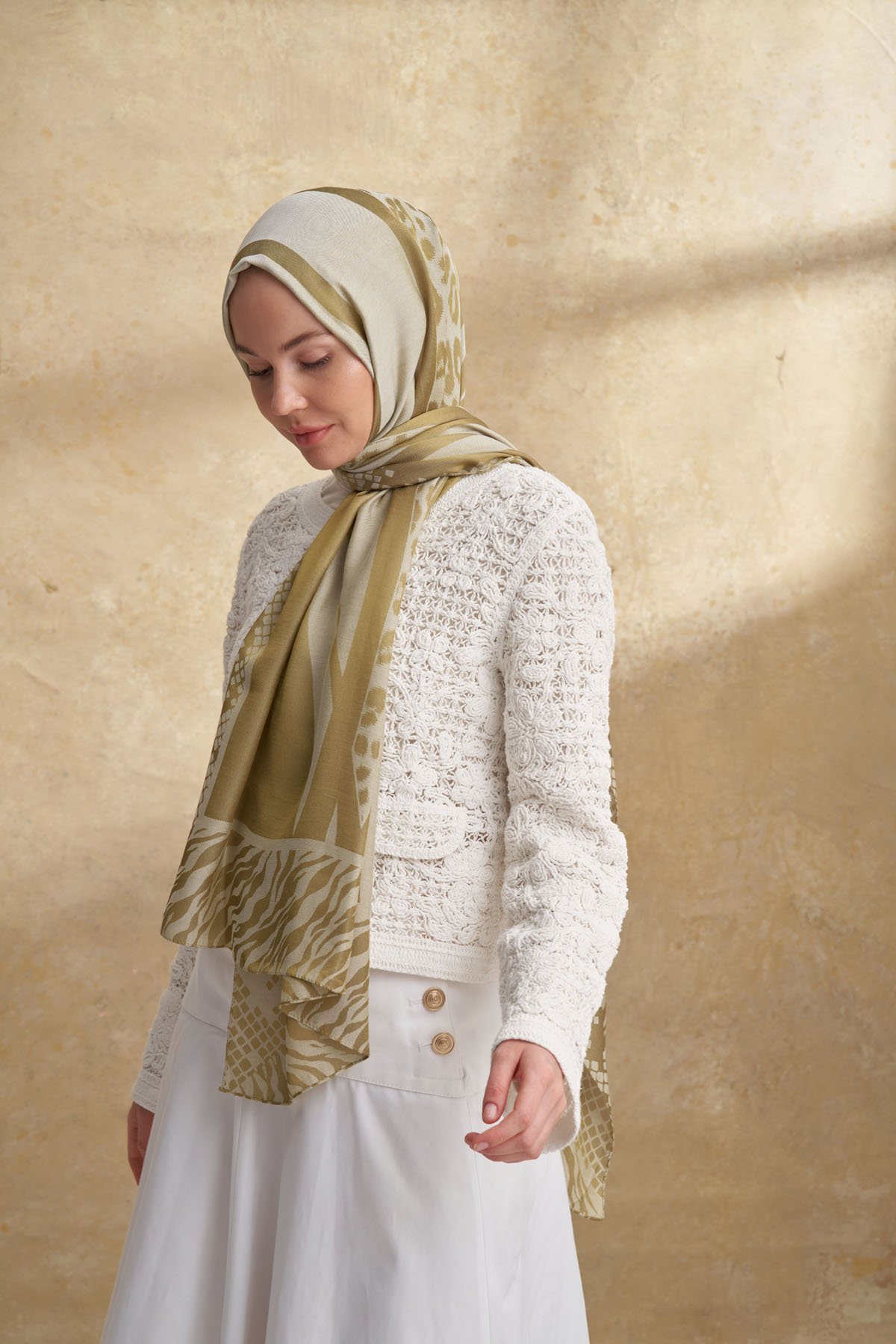 FIORI JAKAR LEOPAR MIX DESEN ŞAL - YAĞ YEŞİLİ