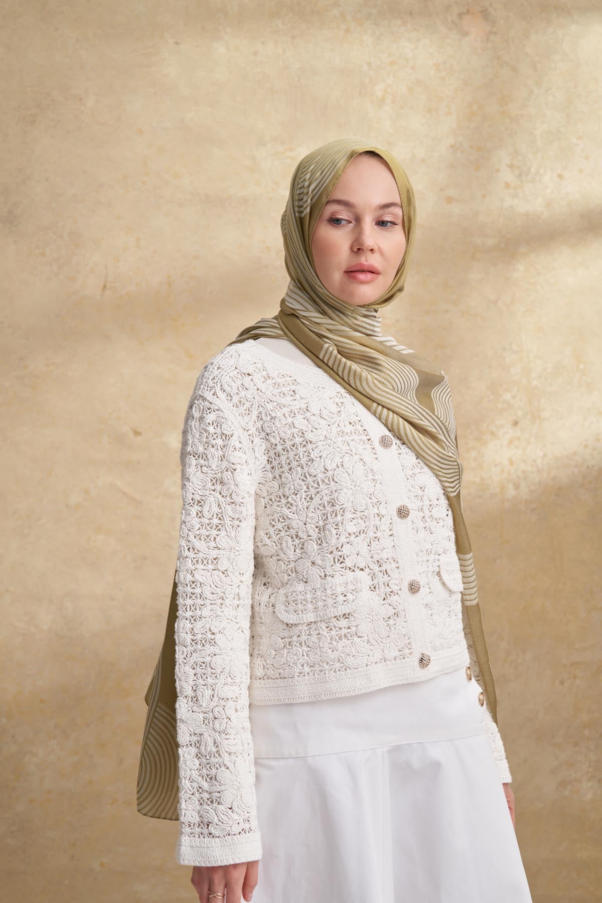 FIORI JAKAR LINE DESEN ŞAL - YAĞ YEŞİLİ