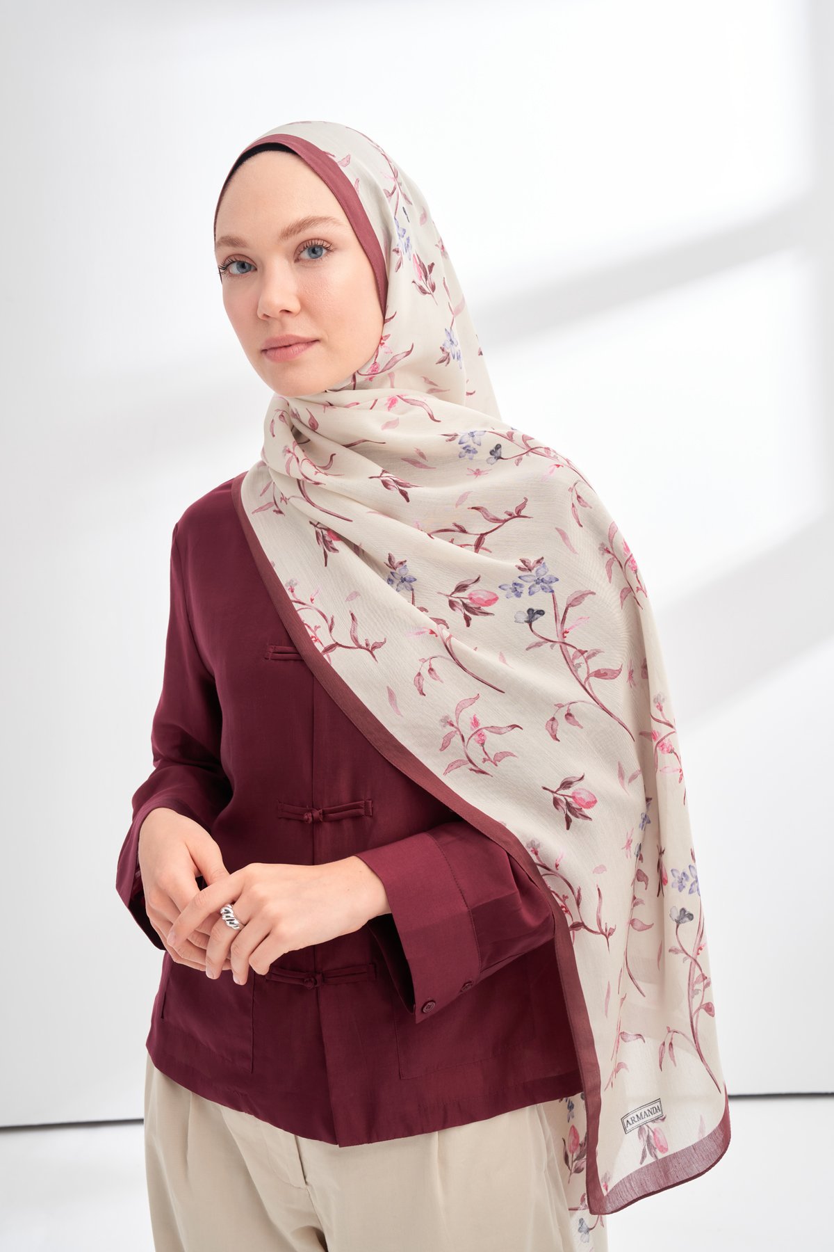 FLORAL ARCHIVE MIRELLE DESEN ŞAL - BORDO - EKRU