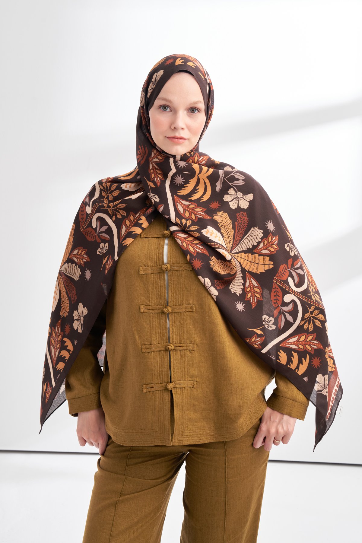 FLORAL ARCHIVE PALMERA DESEN ŞAL - ACI KAHVE  - CAMEL