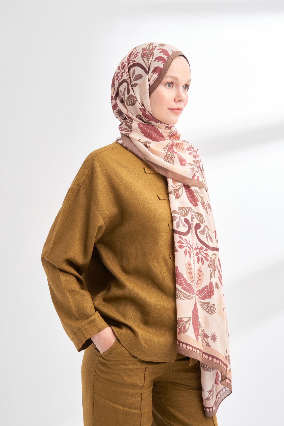 FLORAL ARCHIVE PALMERA DESEN ŞAL - KAHVE - BEJ