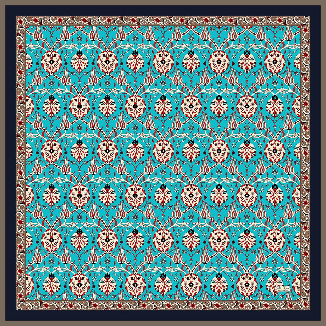 HATAI DESEN SATEN İPEK EŞARP - LACİVERT - AQUA