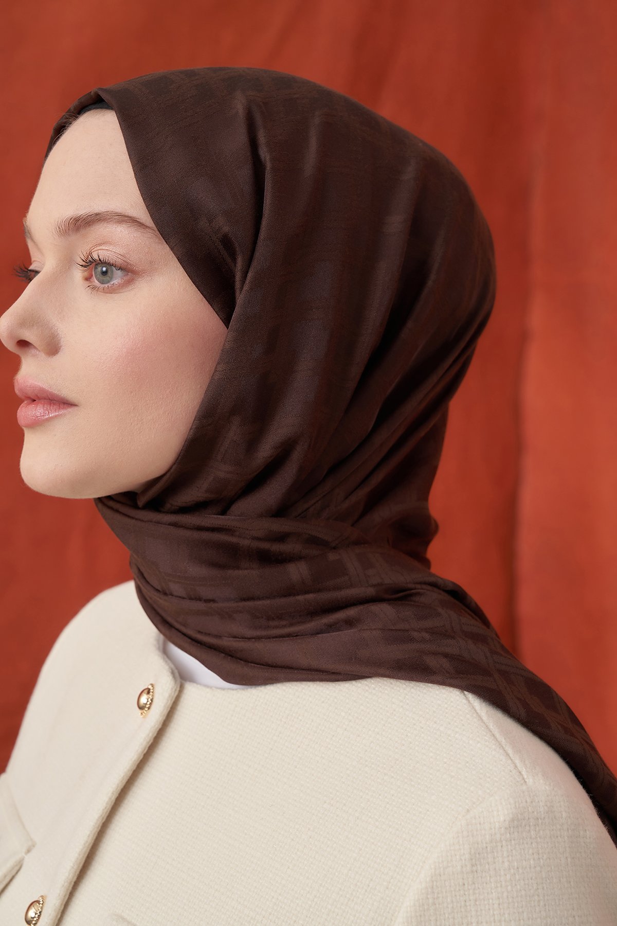 İTALYAN JAKAR BLOK DESEN ŞAL - ACI KAHVE