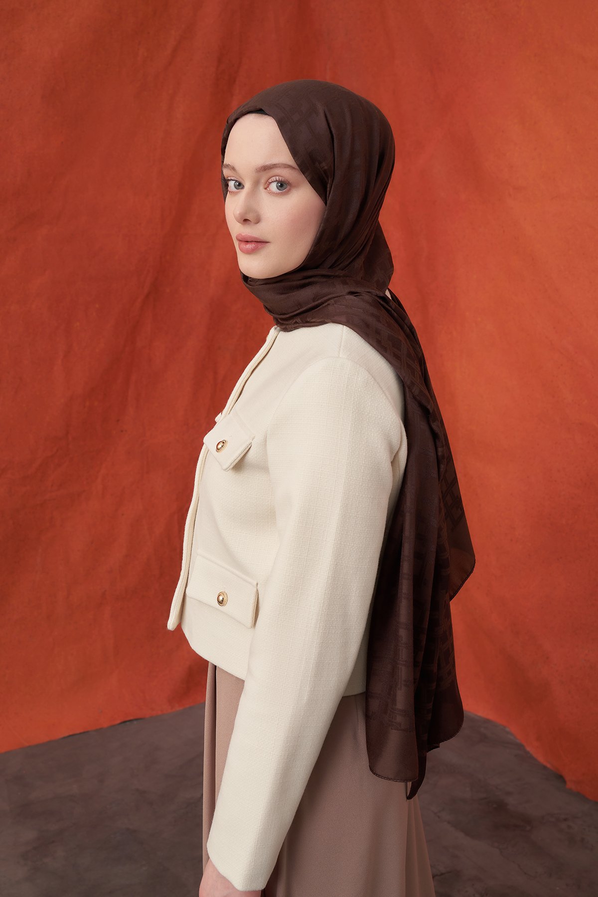 İTALYAN JAKAR BLOK DESEN ŞAL - ACI KAHVE