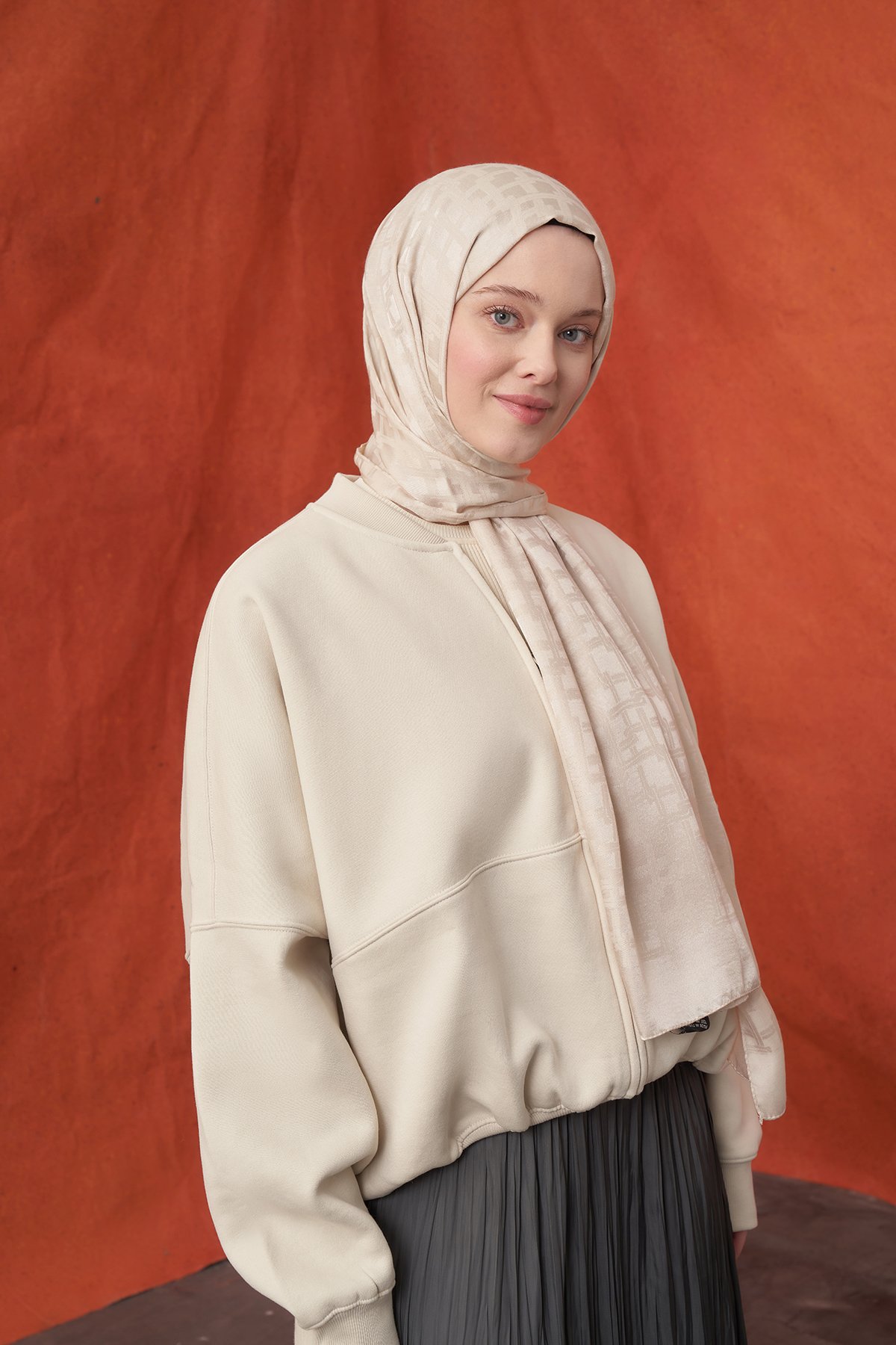 İTALYAN JAKAR BLOK DESEN ŞAL - AÇIK BEJ