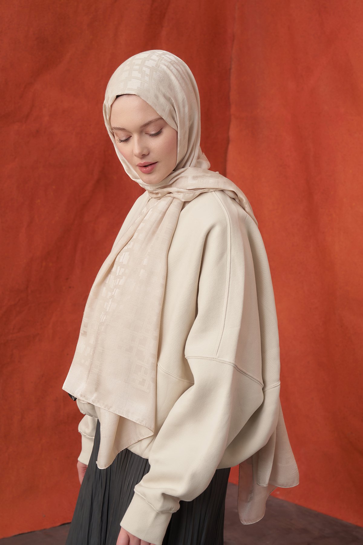 İTALYAN JAKAR BLOK DESEN ŞAL - AÇIK BEJ