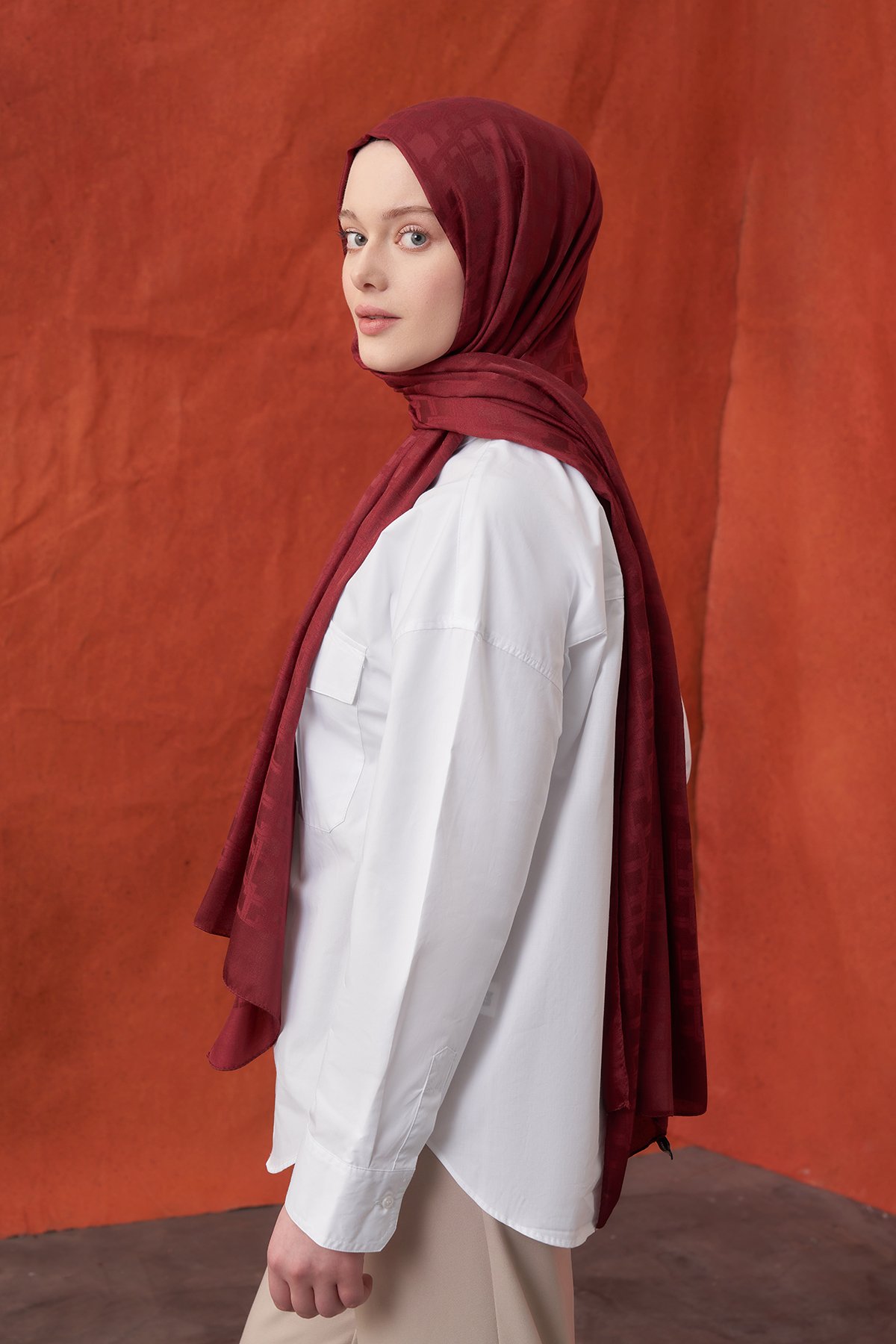 İTALYAN JAKAR BLOK DESEN ŞAL - BORDO