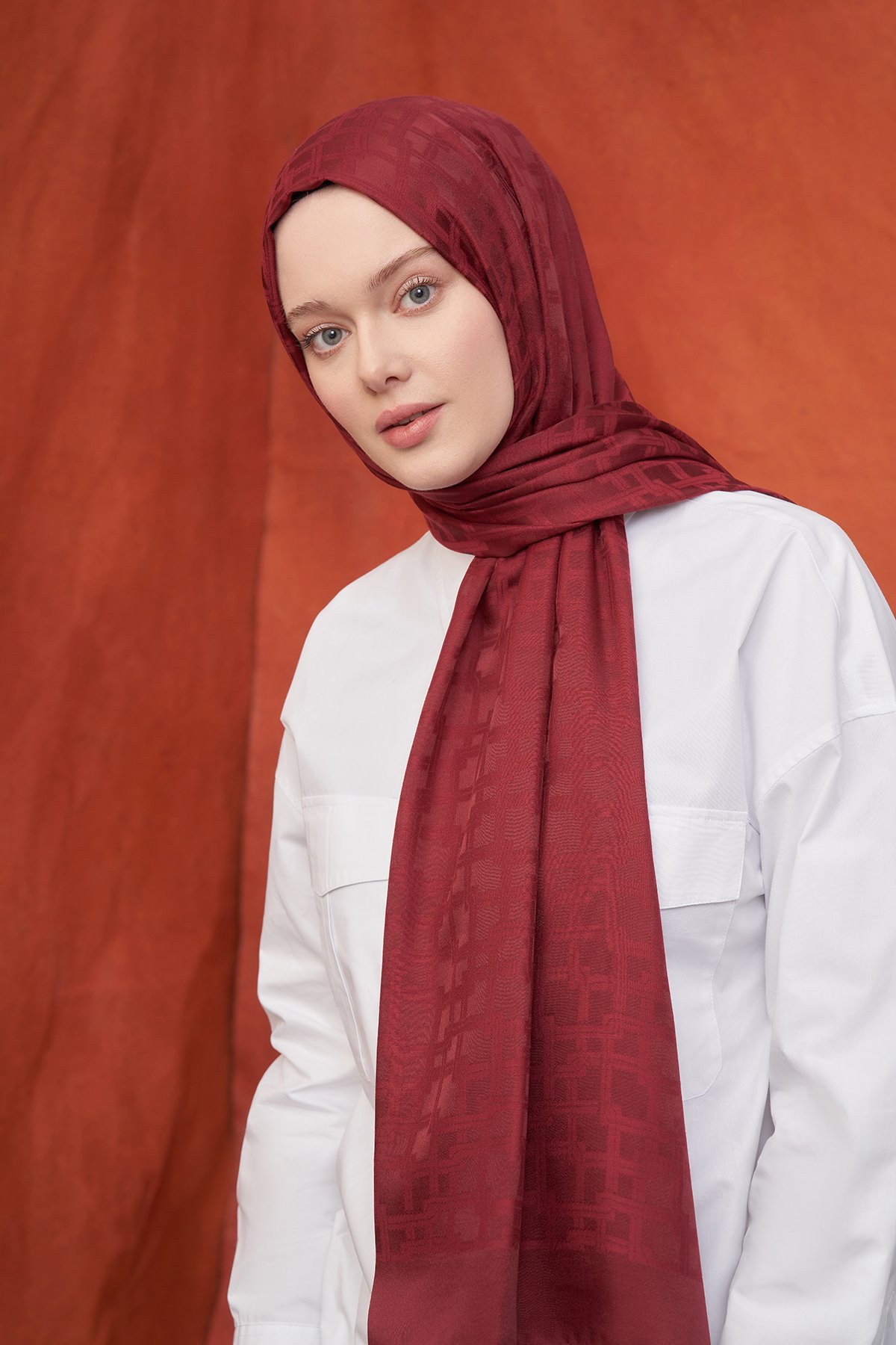 İTALYAN JAKAR BLOK DESEN ŞAL - BORDO