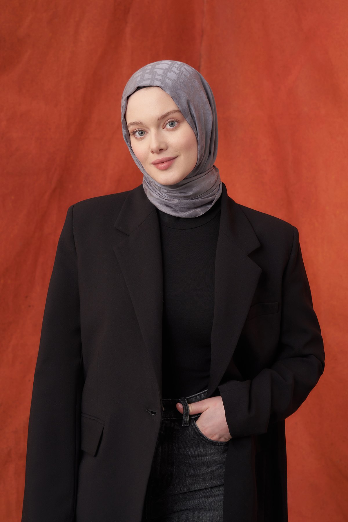 İTALYAN JAKAR BLOK DESEN ŞAL -  FÜME