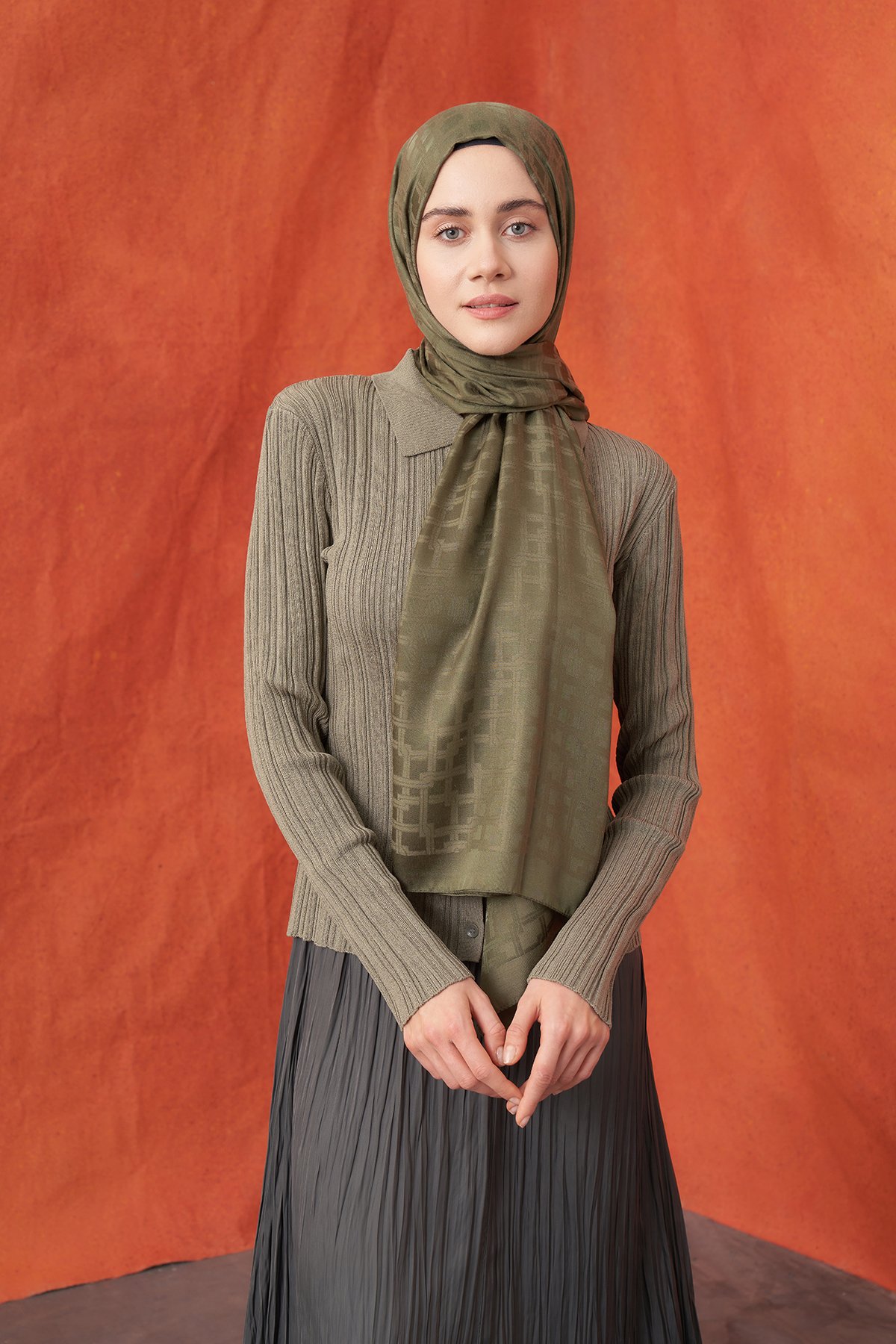 İTALYAN JAKAR BLOK DESEN ŞAL -  HAKİ