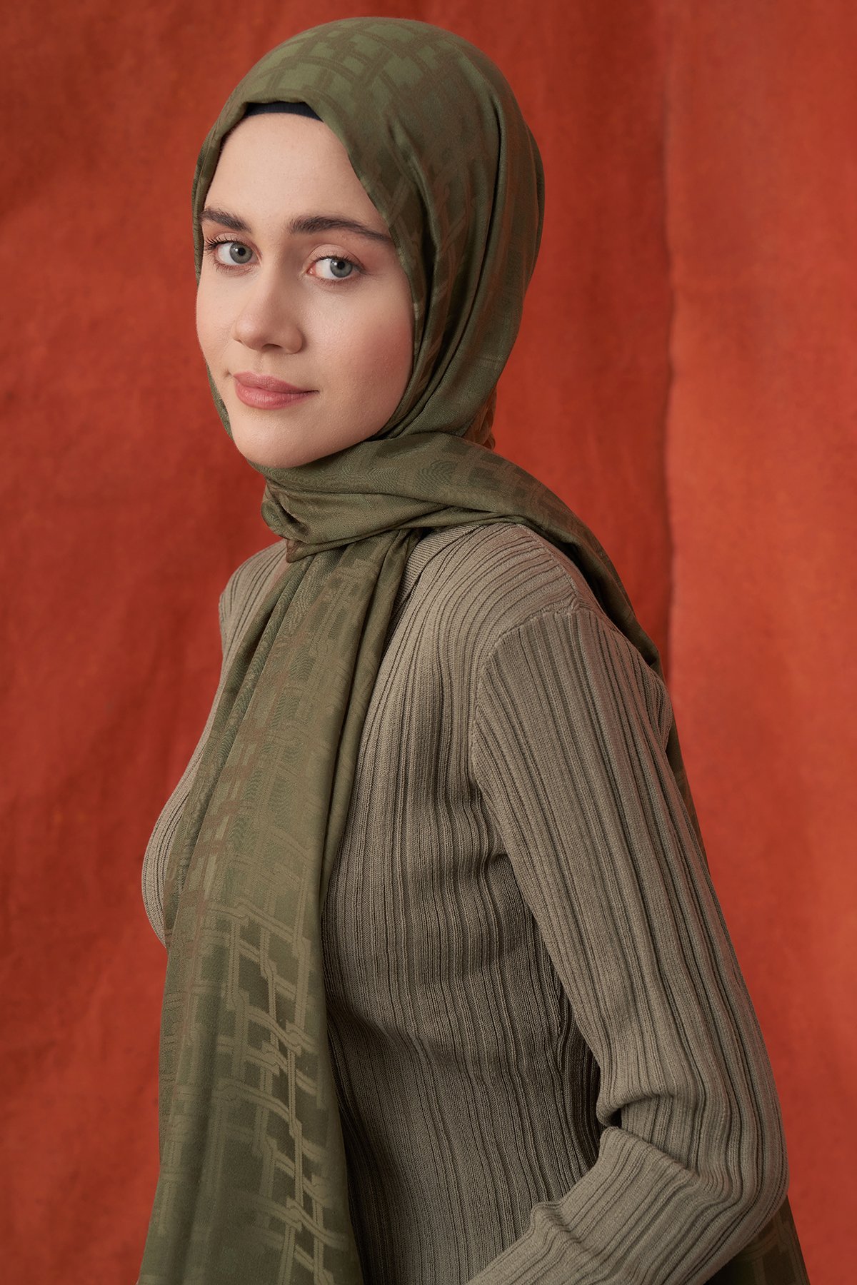 İTALYAN JAKAR BLOK DESEN ŞAL -  HAKİ