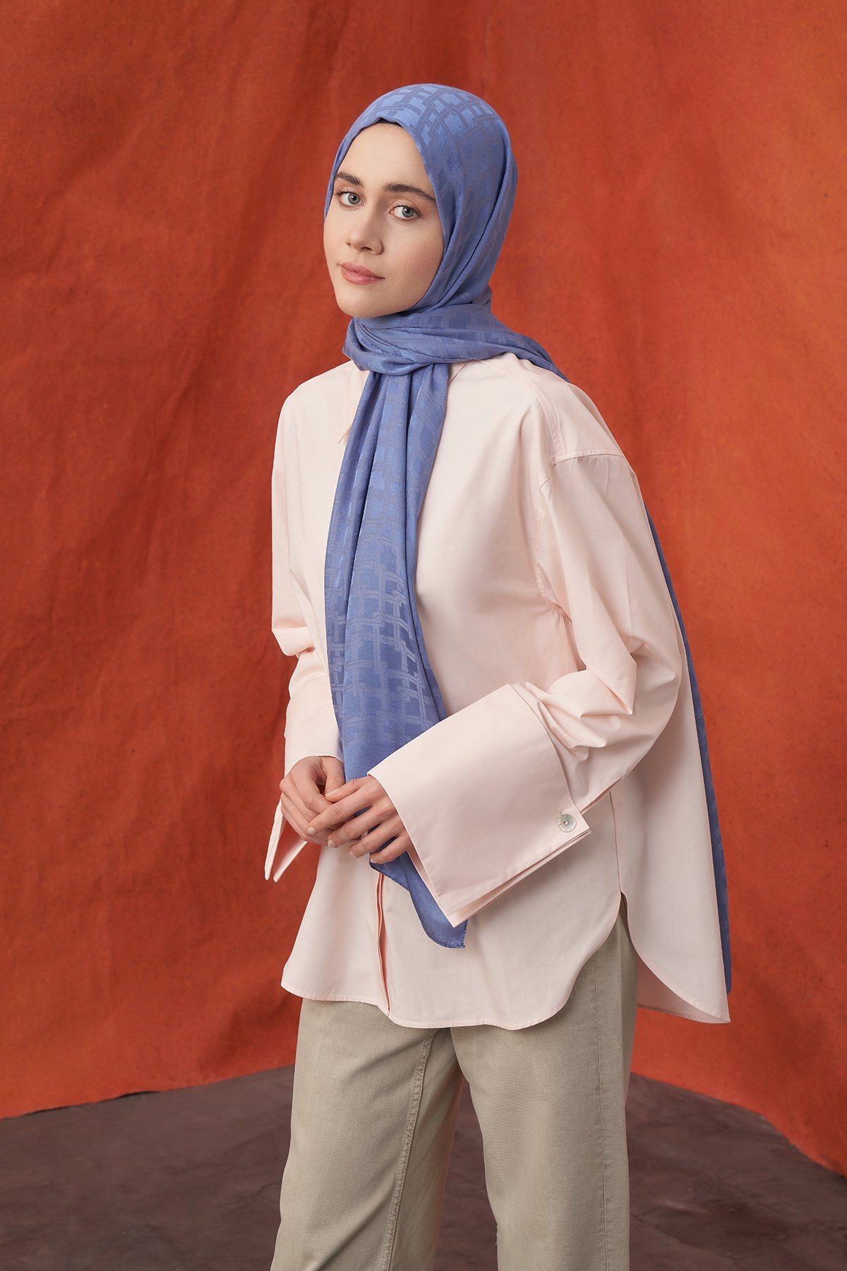 İTALYAN JAKAR BLOK DESEN ŞAL - İNDİGO