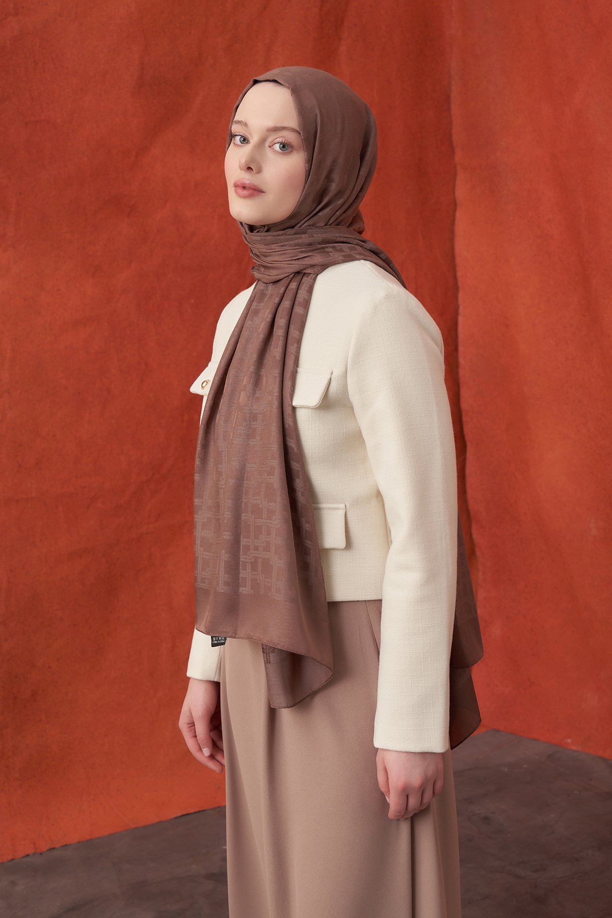 İTALYAN JAKAR BLOK DESEN ŞAL -  KAHVE