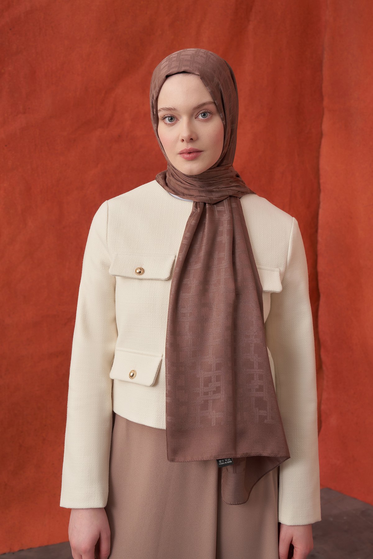 İTALYAN JAKAR BLOK DESEN ŞAL -  KAHVE