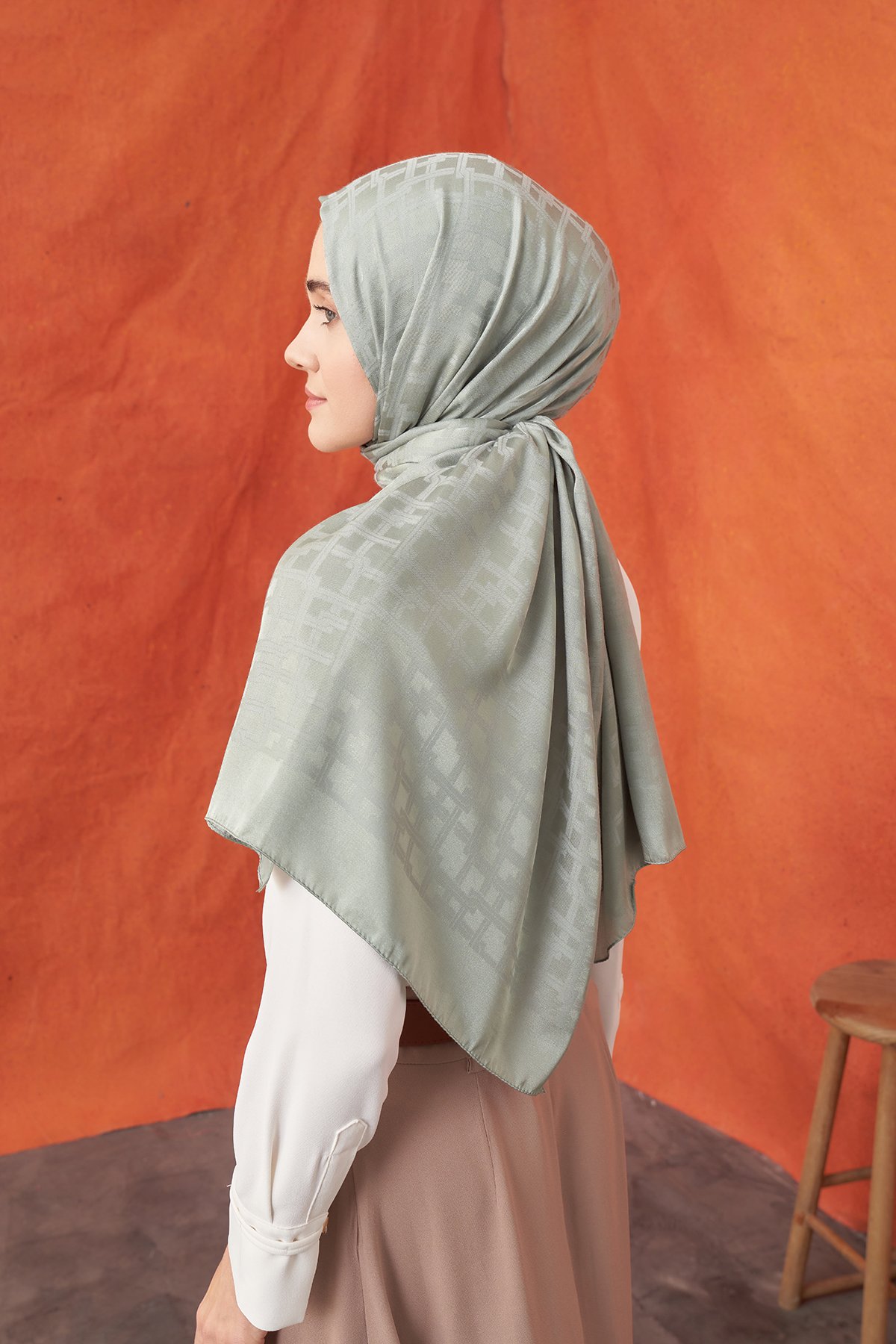 İTALYAN JAKAR BLOK DESEN ŞAL - KETEN YEŞİLİ