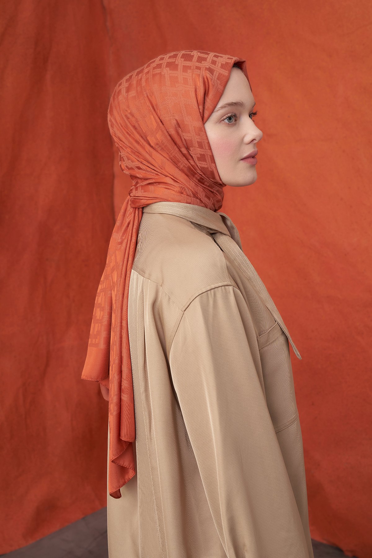 İTALYAN JAKAR BLOK DESEN ŞAL -  KİREMİT